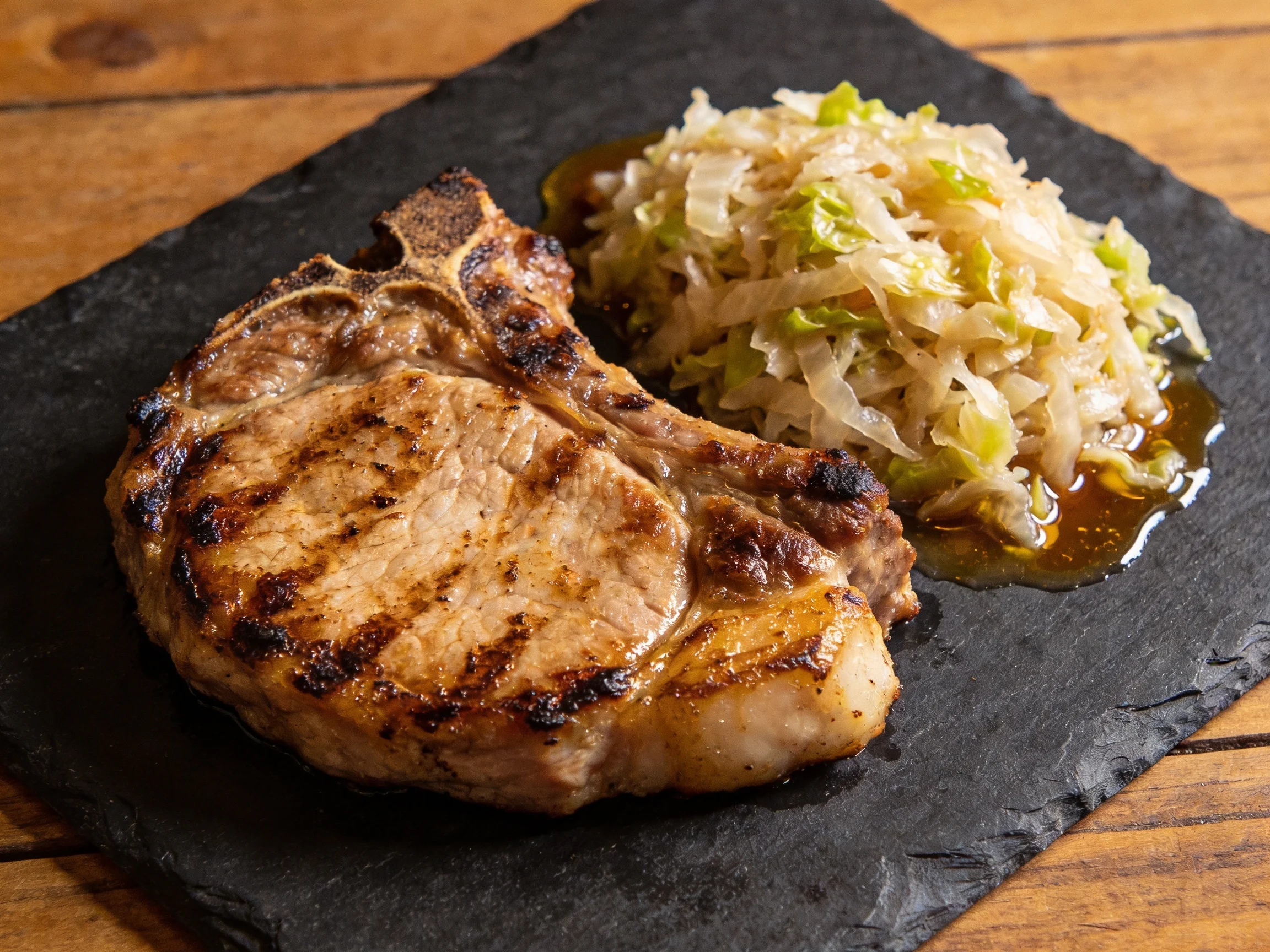 Grilled Pork Chop with Sauerkraut on a Slate Serving Platter