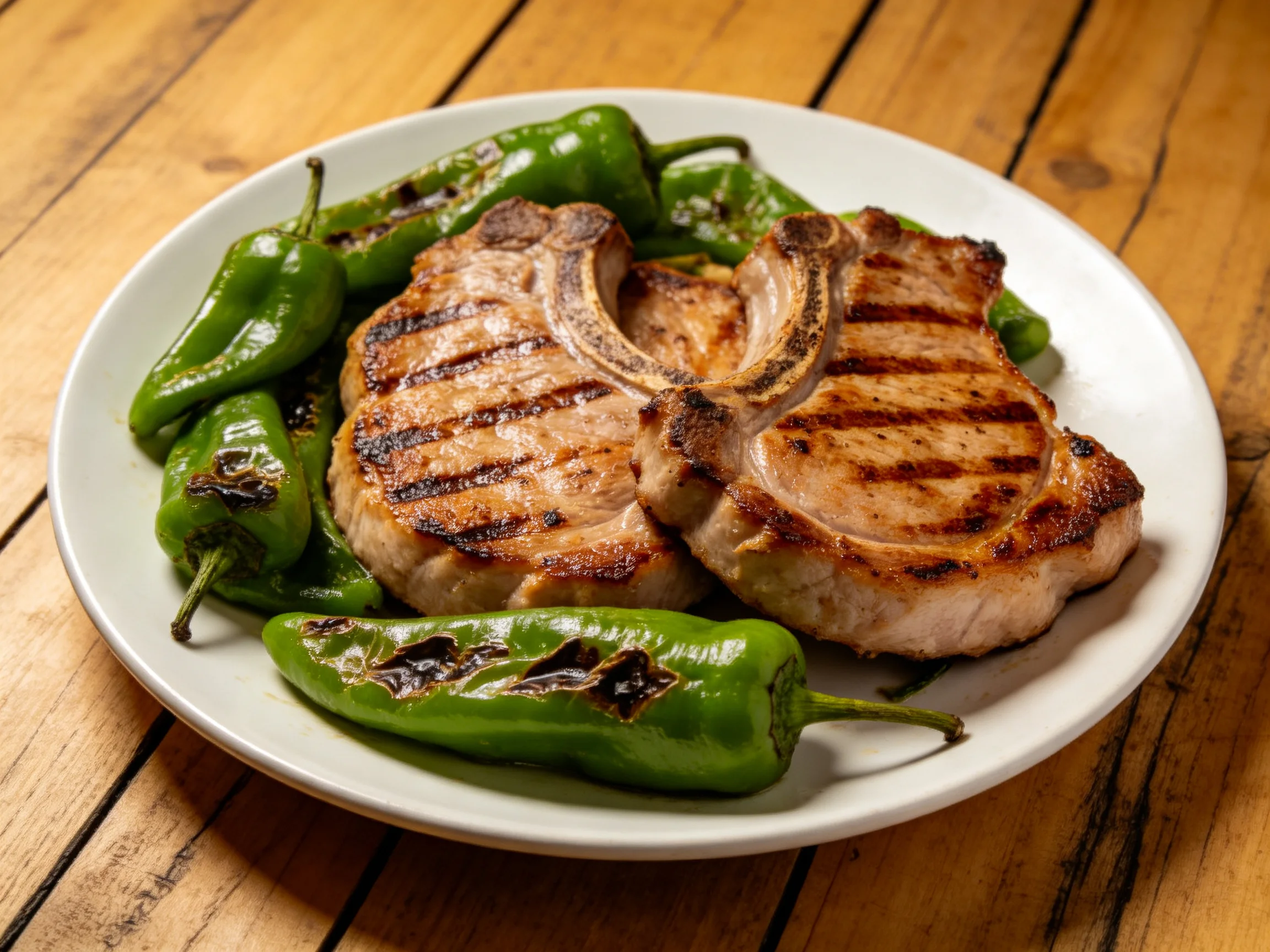 Grilled Pork Chops and Roasted Green Peppers on a White Plate
