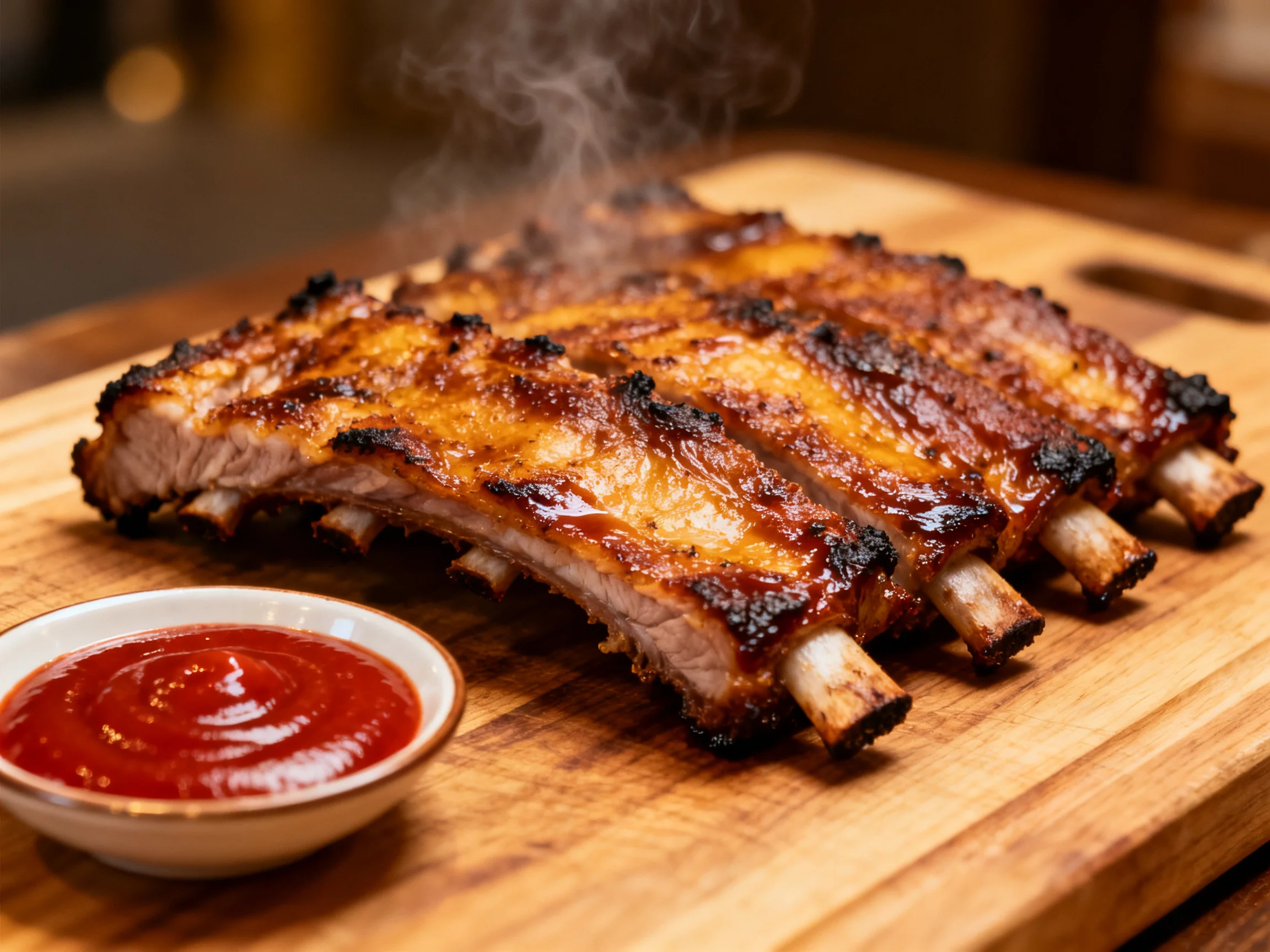 Grilled Pork Ribs with Steaming Sauce on a Wooden Serving Board