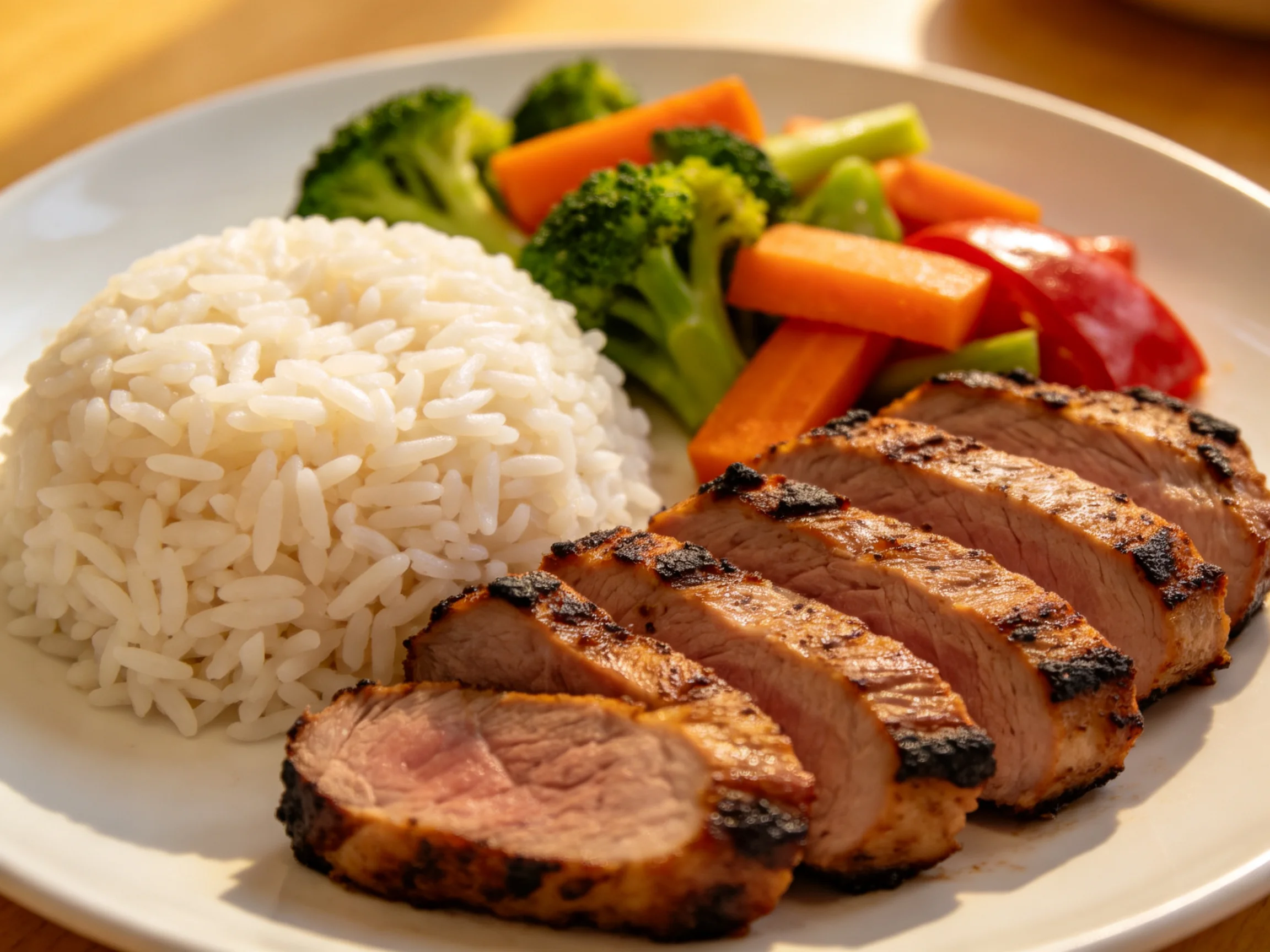 Grilled Pork Slices, White Rice, and Mixed Vegetables