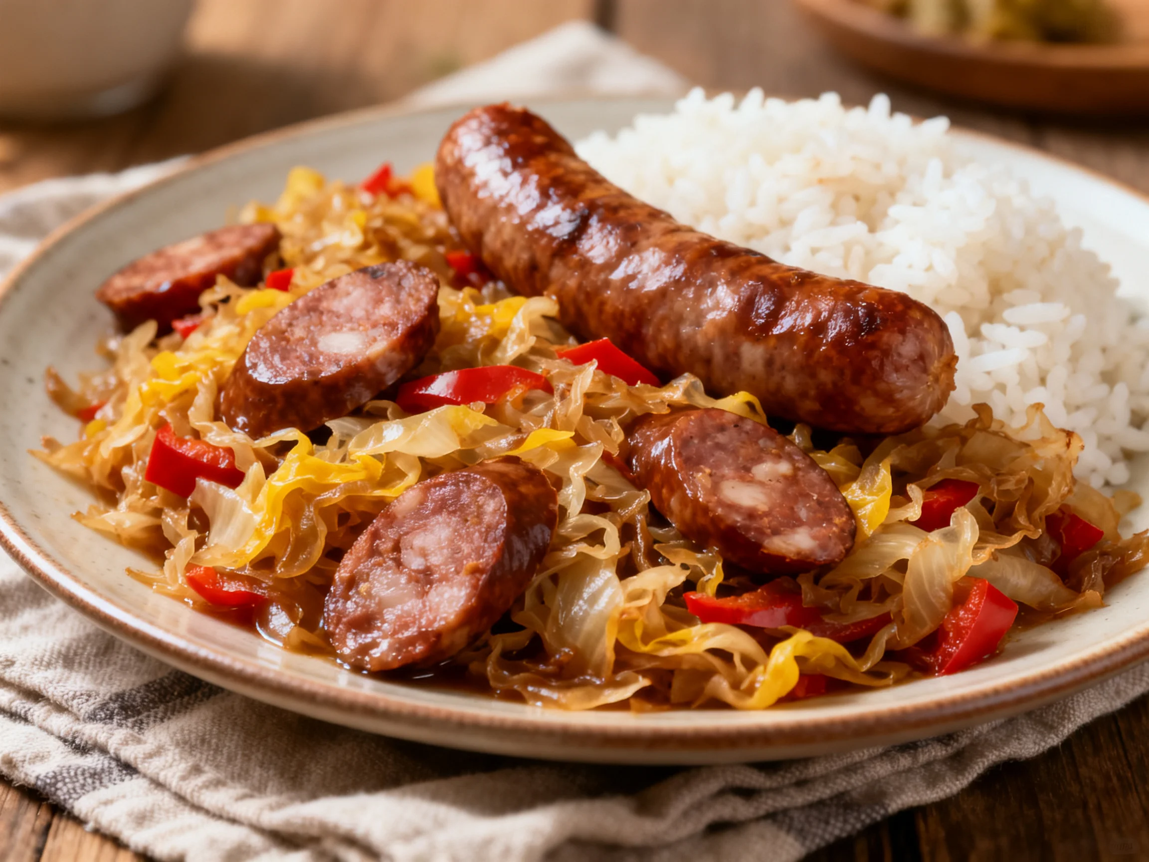 Grilled Sausage, Cabbage, and Rice with Red Peppers
