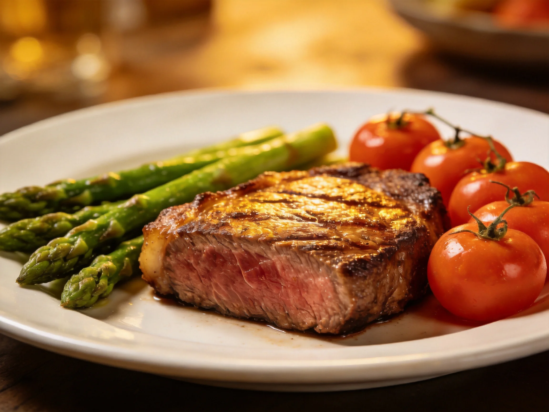 Grilled Steak, Asparagus, and Cherry Tomatoes on a White Plate