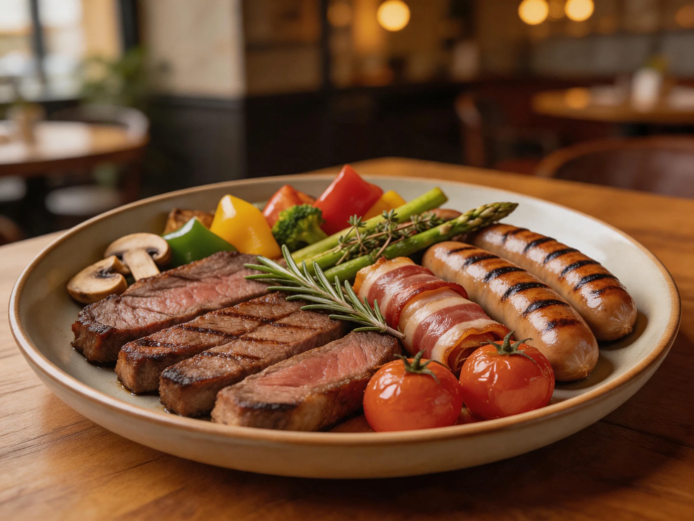 Grilled Steak, Bacon-Wrapped Sausage, and Mixed Vegetable Platter