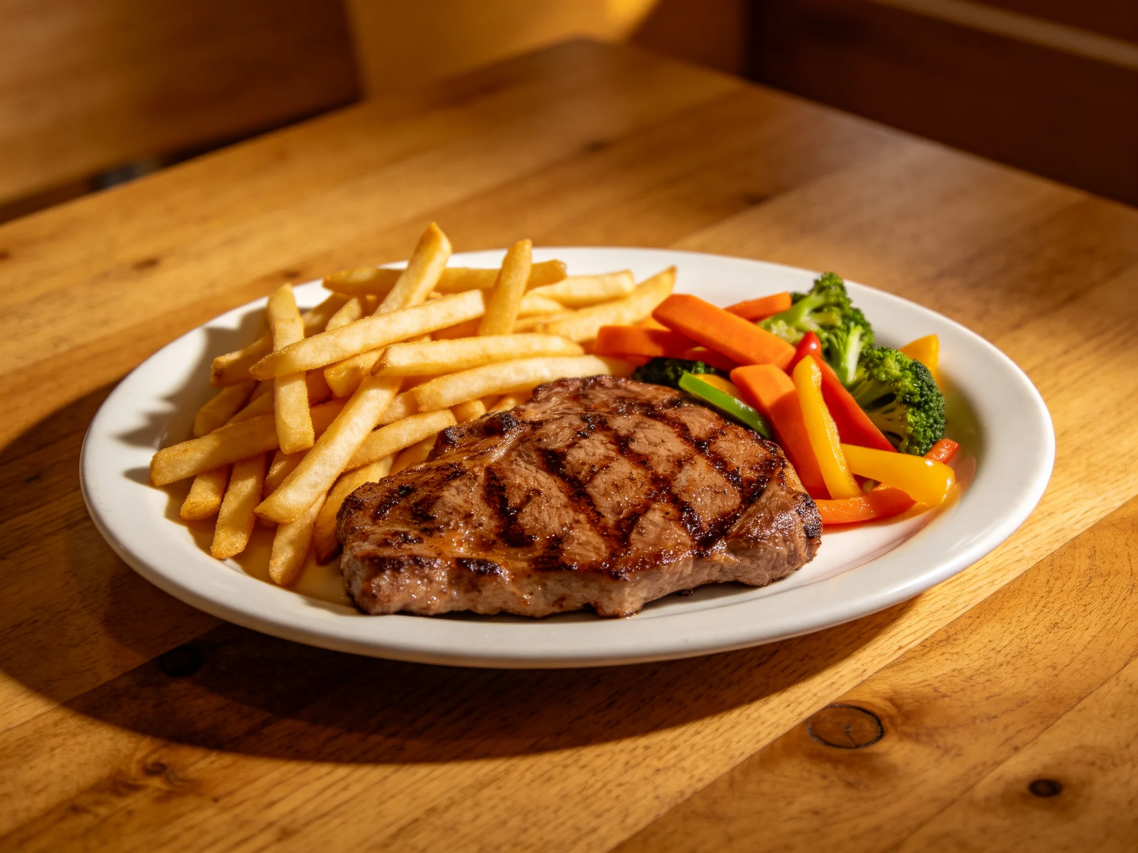 Grilled Steak, French Fries, and Vegetable Medley on a White Plate