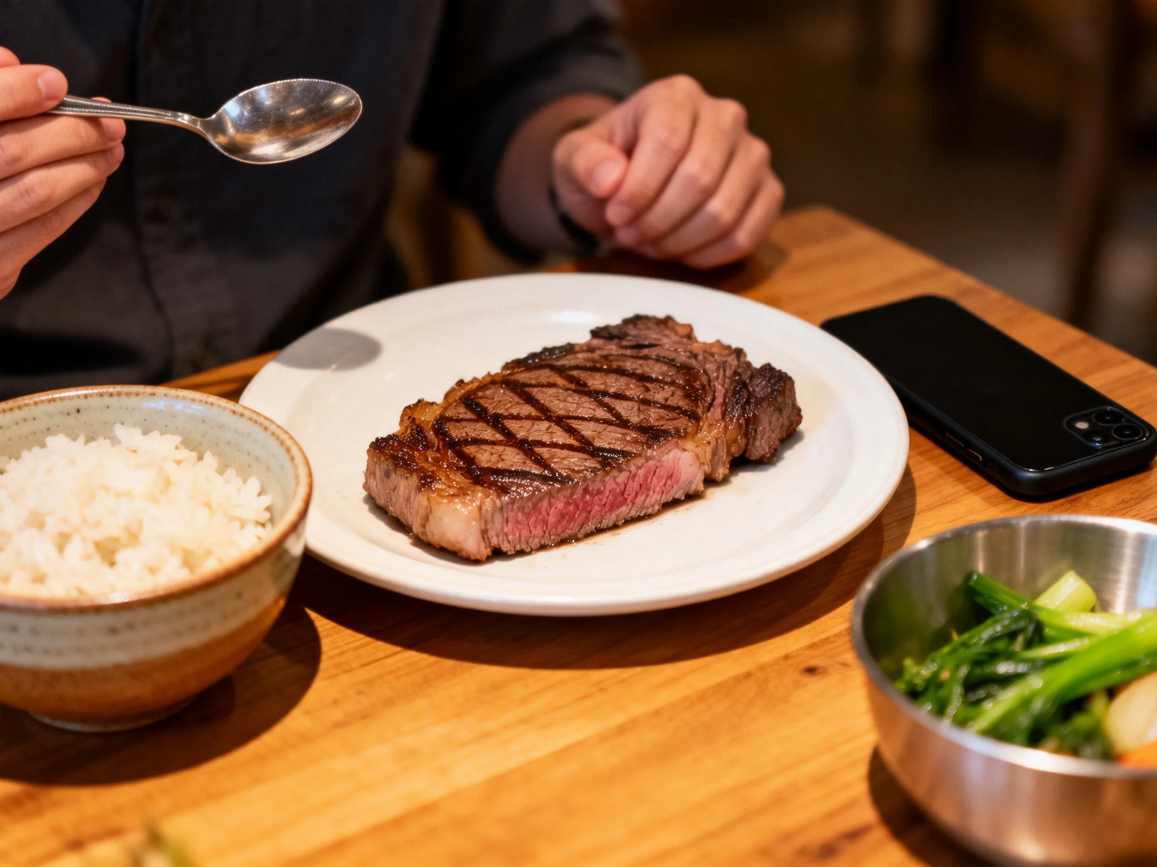 Grilled Steak Meal with Rice, Vegetables, and Smartphone