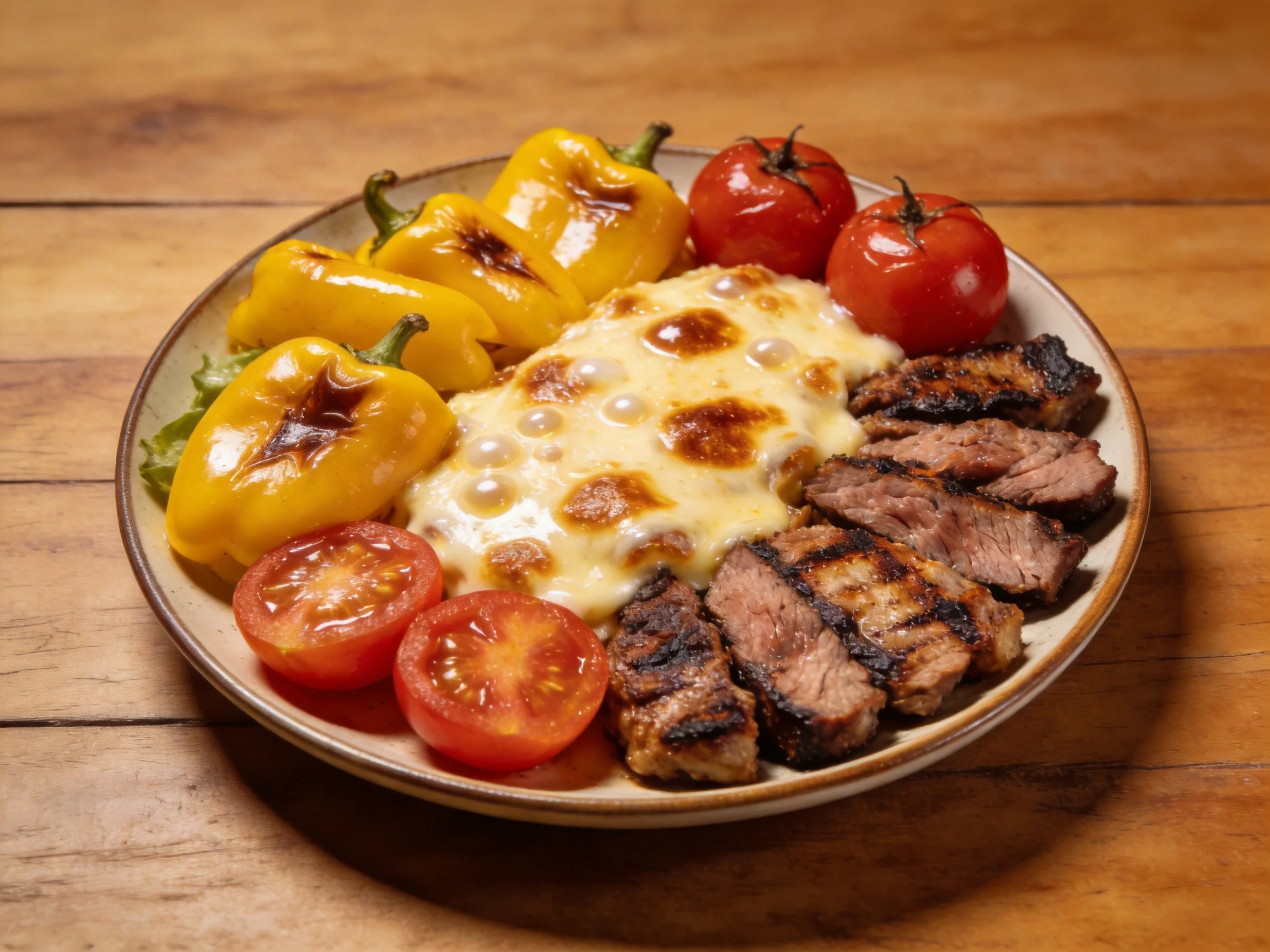 Grilled Steak, Melted Cheese, and Roasted Yellow Peppers with Cherry Tomatoes