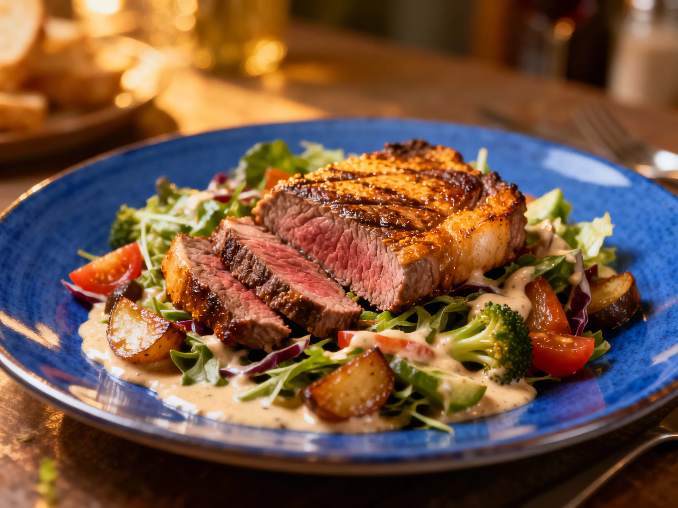 Grilled Steak Salad with Roasted Vegetables Served on a Blue Plate