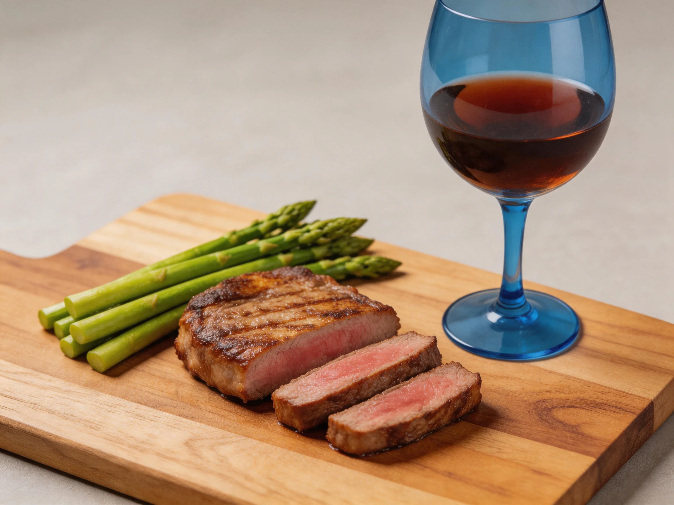 Grilled Steak Slices with Asparagus and Blue Wine Glass on Wooden Board