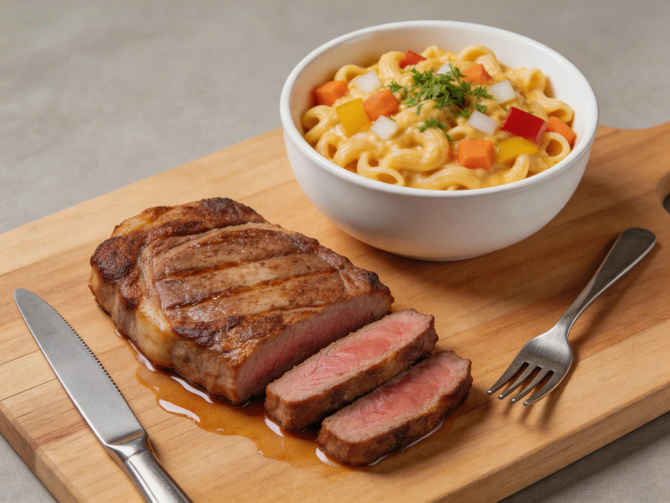 Grilled Steak Slices with Colorful Macaroni Salad on a Wooden Board