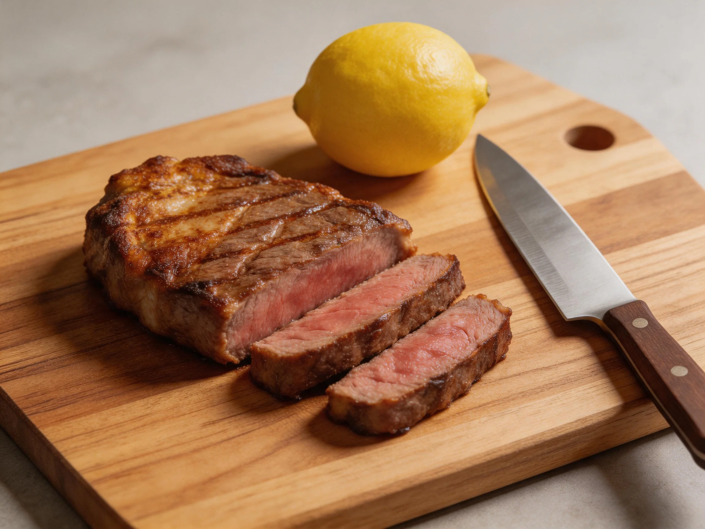 Grilled Steak Slices with Lemon on a Wooden Cutting Board