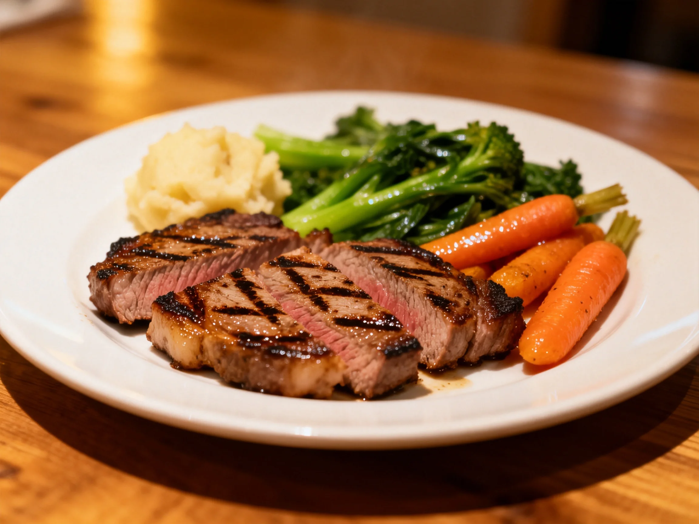 Grilled Steak Slices with Mashed Potatoes, Broccoli, and Glazed Carrots