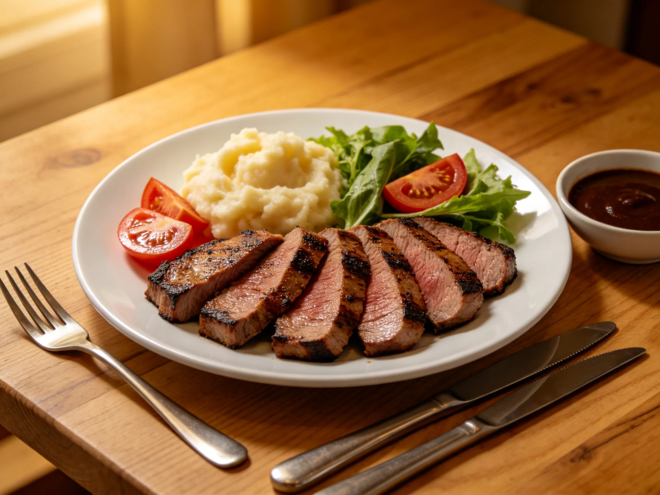 Grilled Steak Slices with Mashed Potatoes, Fresh Tomatoes, and Leafy Greens