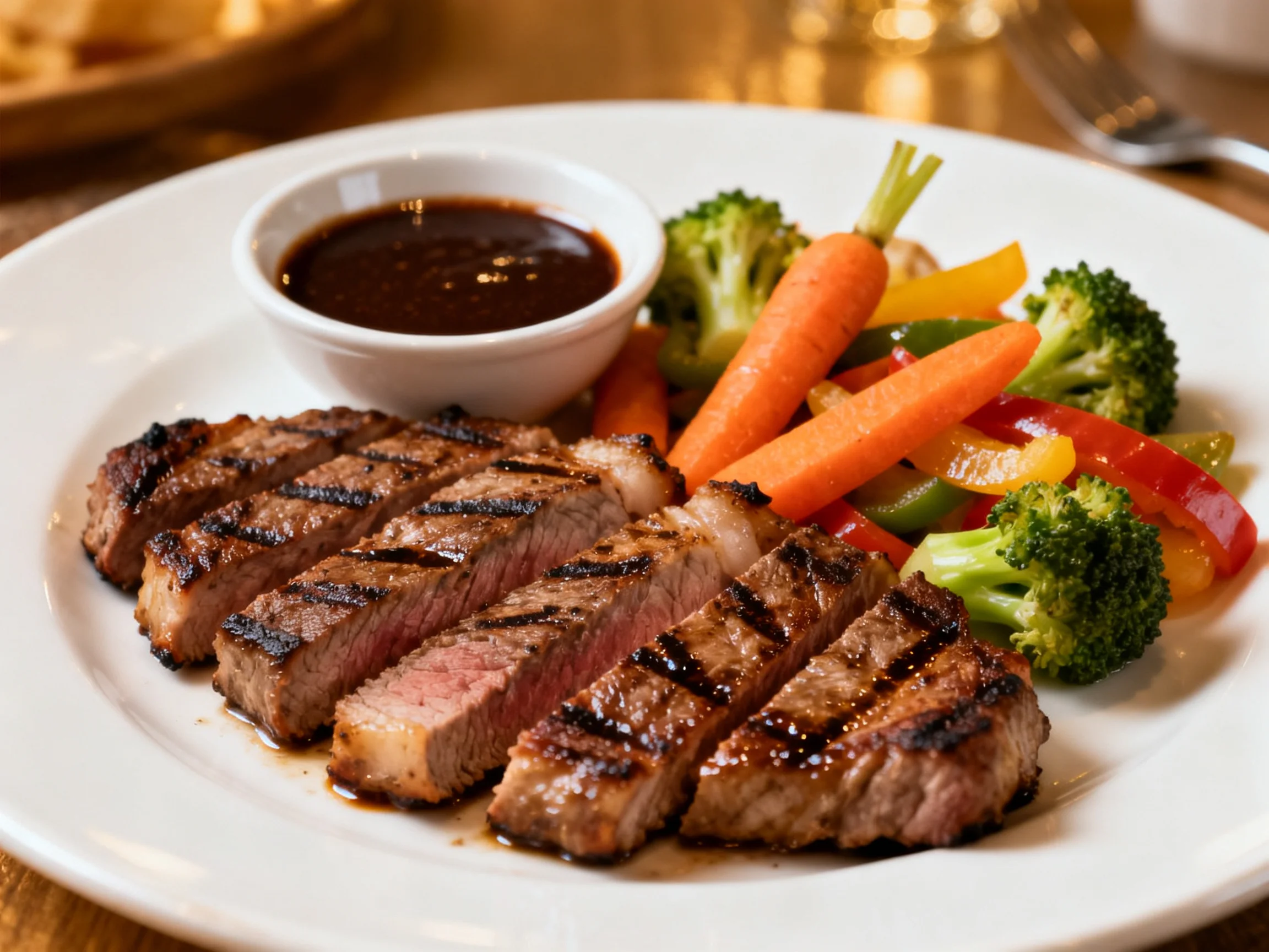 Grilled Steak Slices with Mixed Vegetables and Dark Sauce