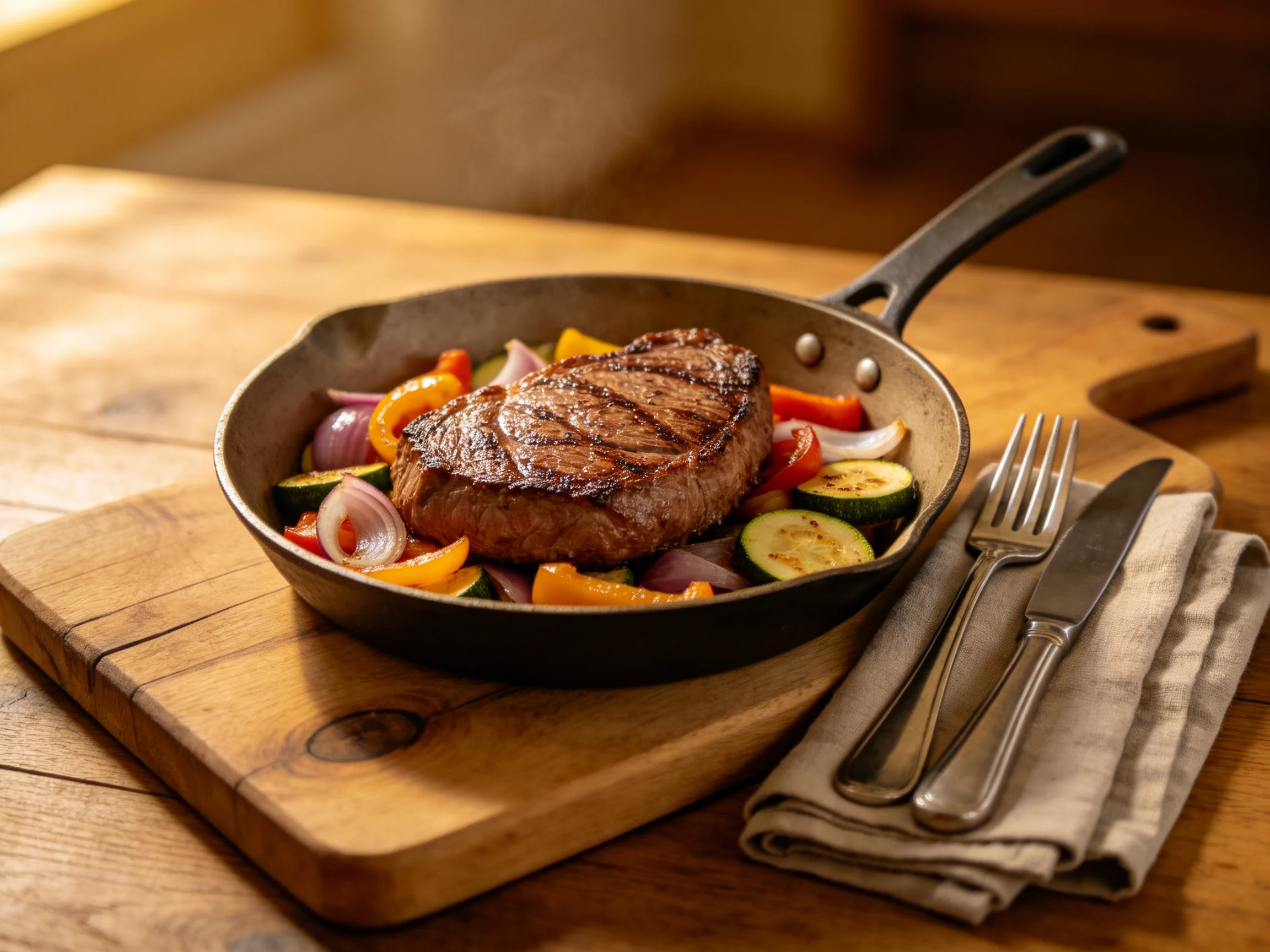 Grilled Steak and Colorful Veggies in Cast Iron Skillet on Wooden Board