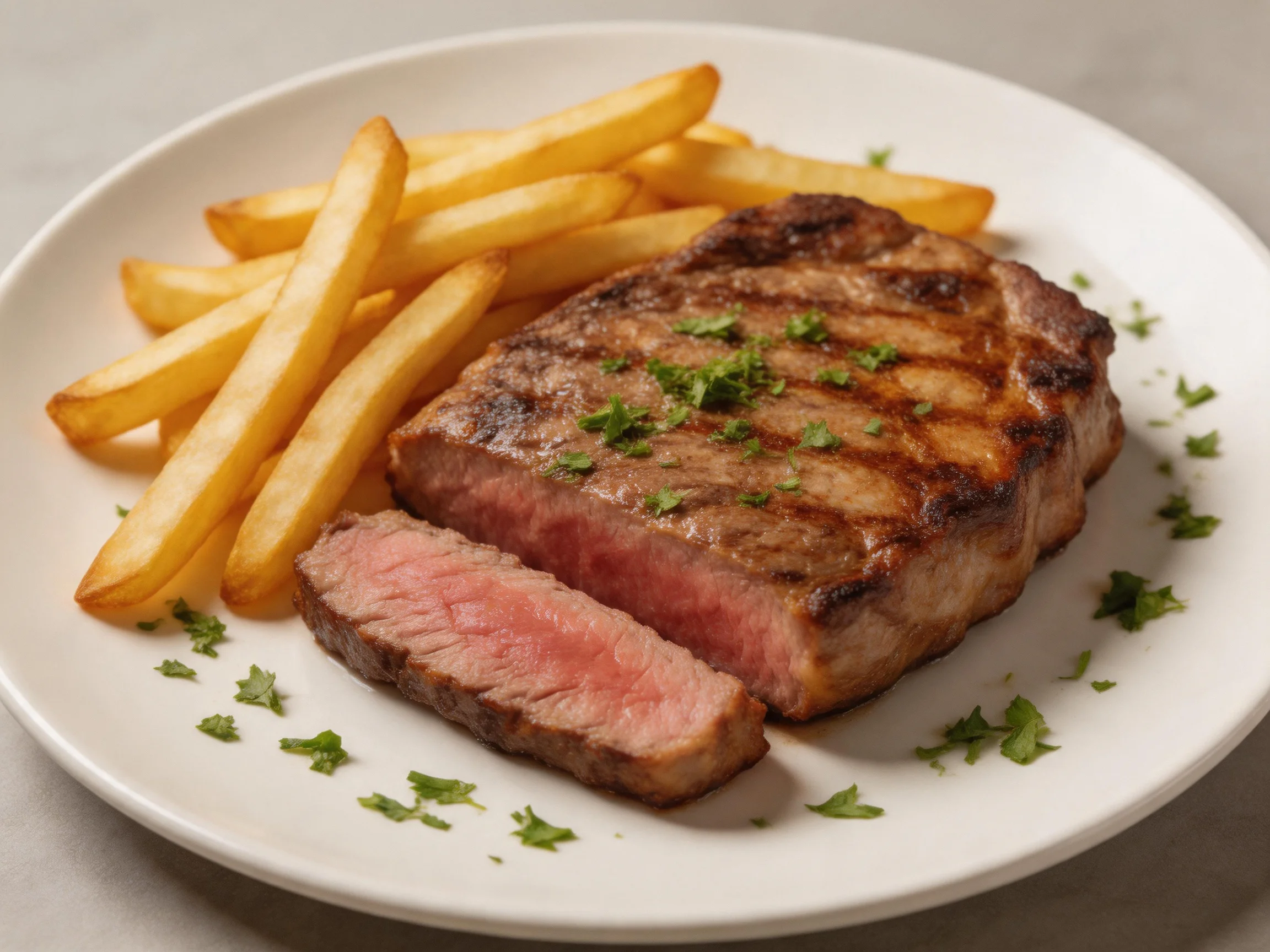 Grilled Steak and Golden French Fries on a White Plate