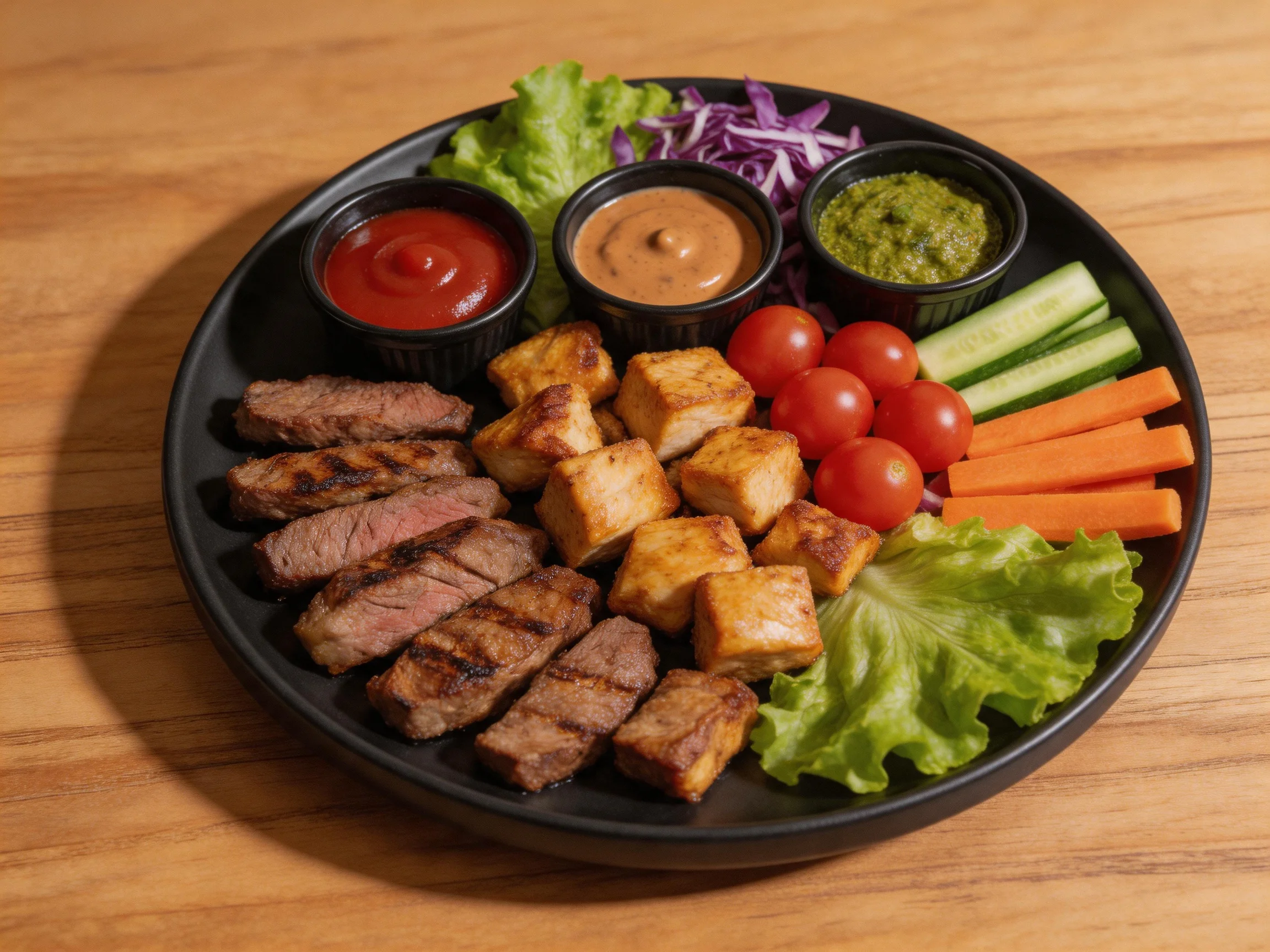 Grilled Steak and Tofu Platter with Fresh Veggies and Three Sauces