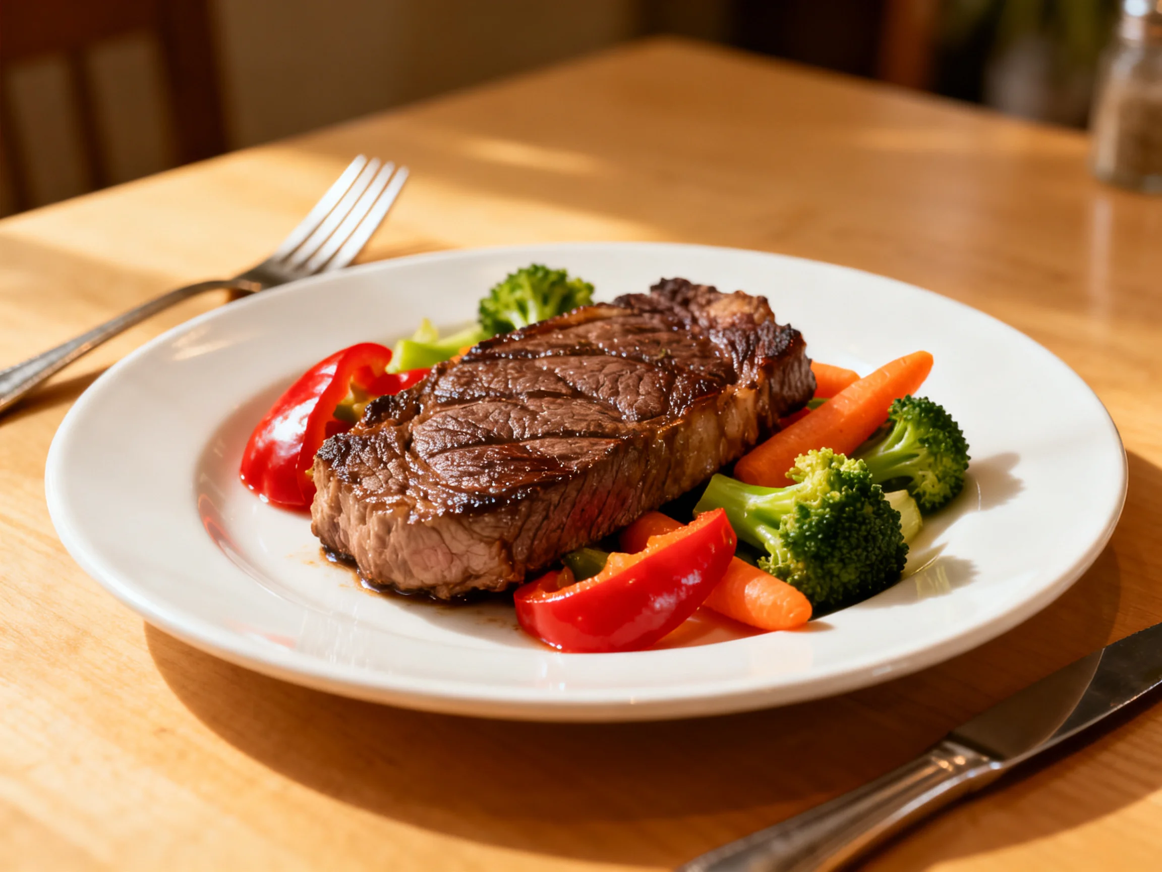A grilled steak is served with colorful vegetables on a white plate.