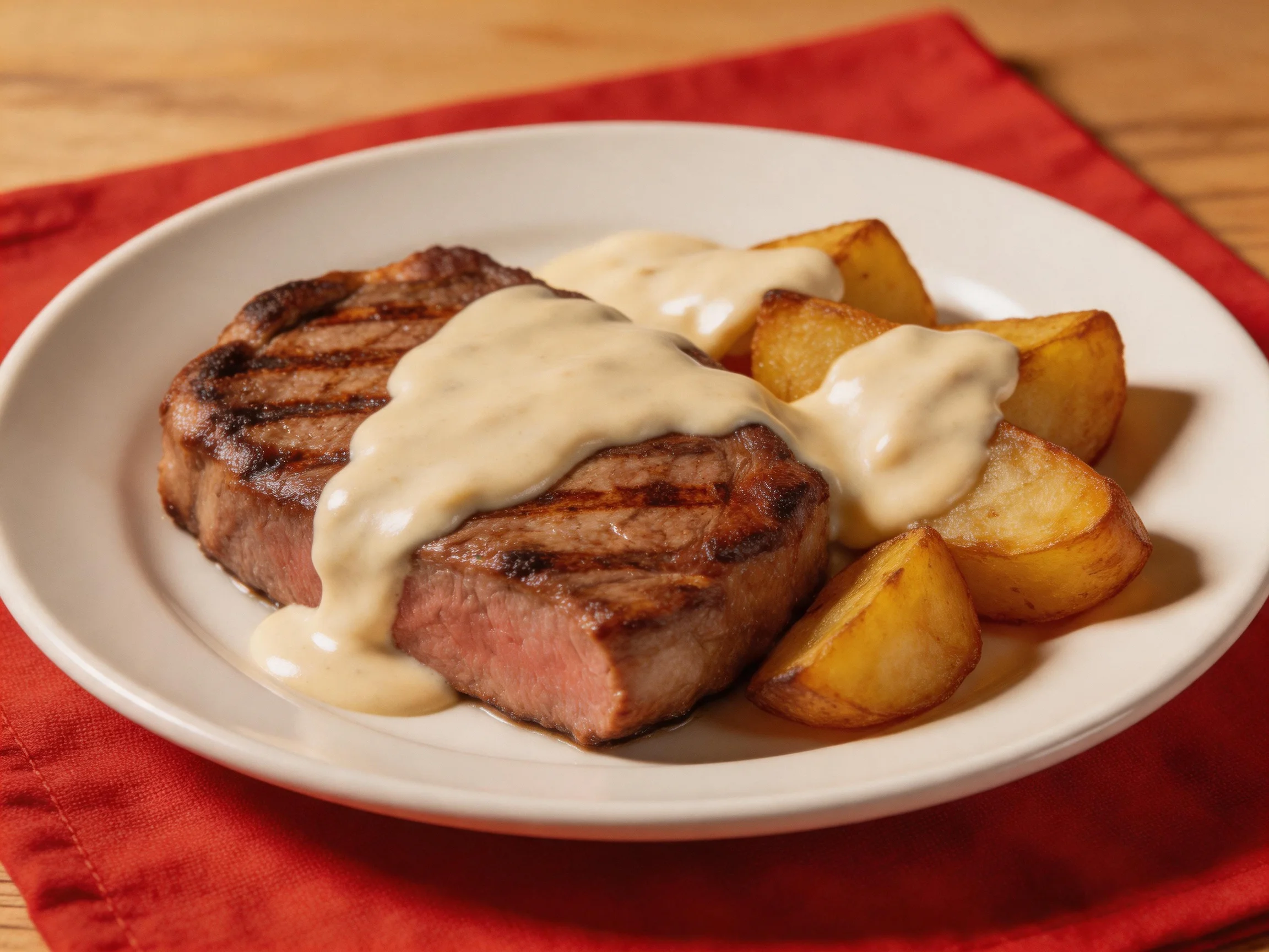 Grilled Steak with Creamy Sauce and Roasted Potatoes on White Plate