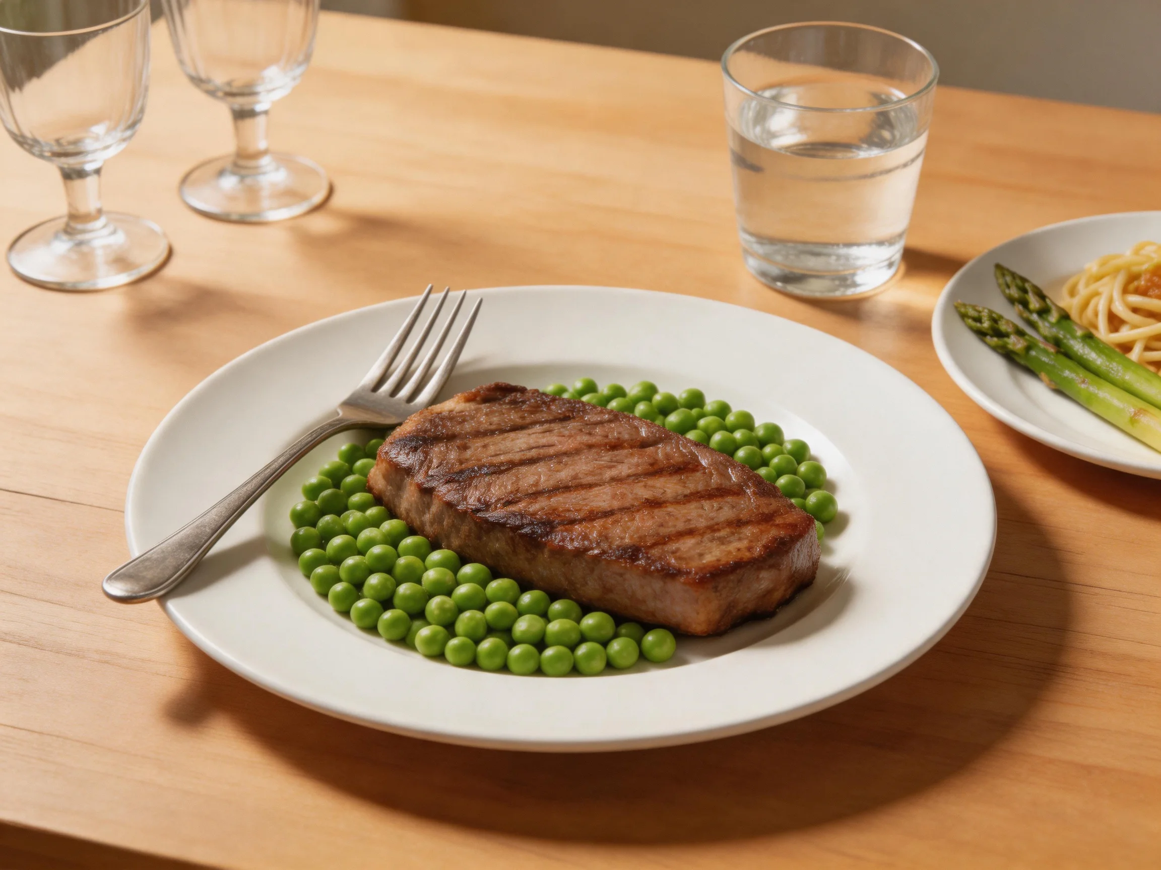 Steak, peas, pasta, and asparagus are served on plates on a wooden table.