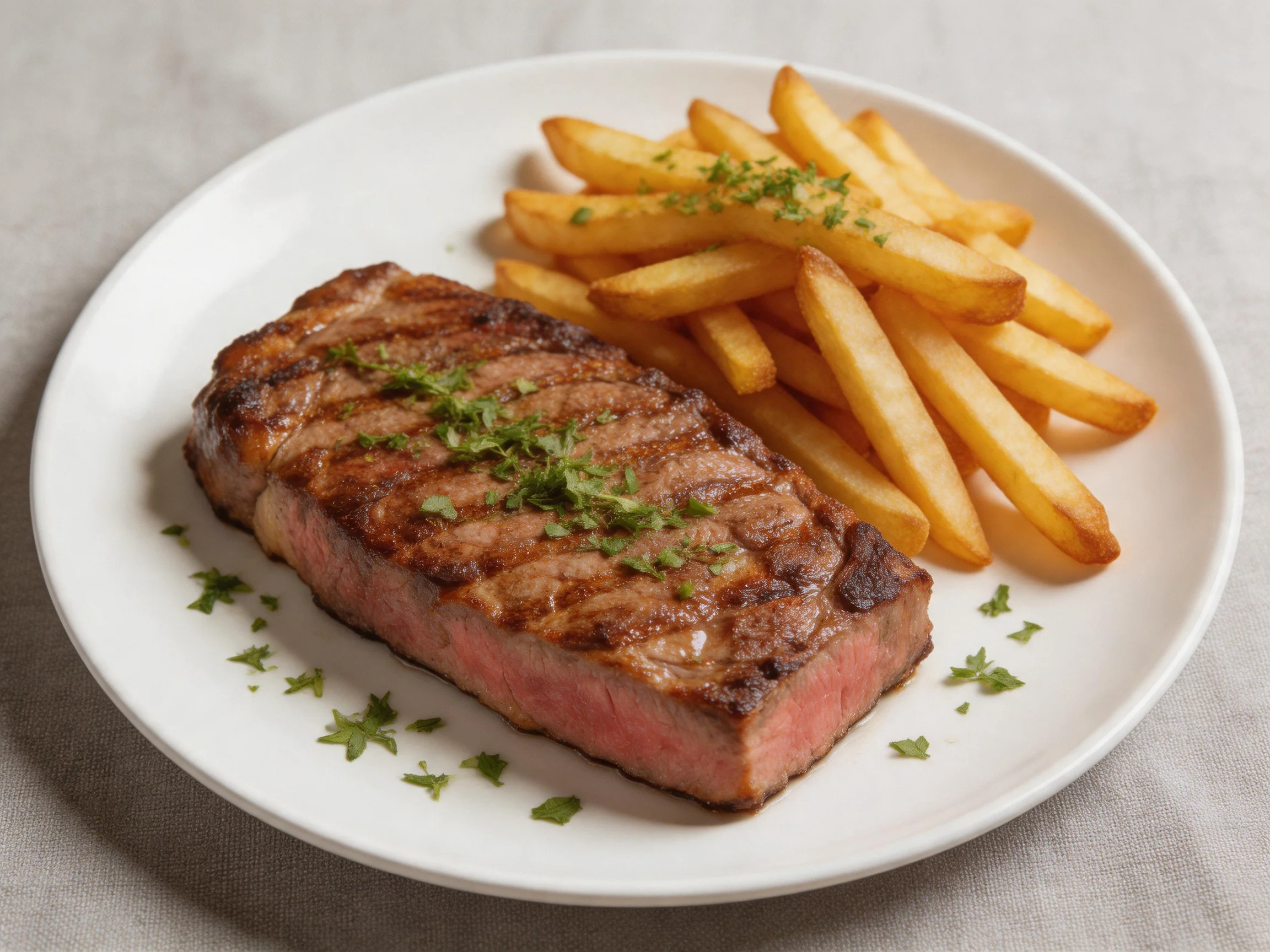 Grilled Steak with Herb Garnish Served With Golden French Fries