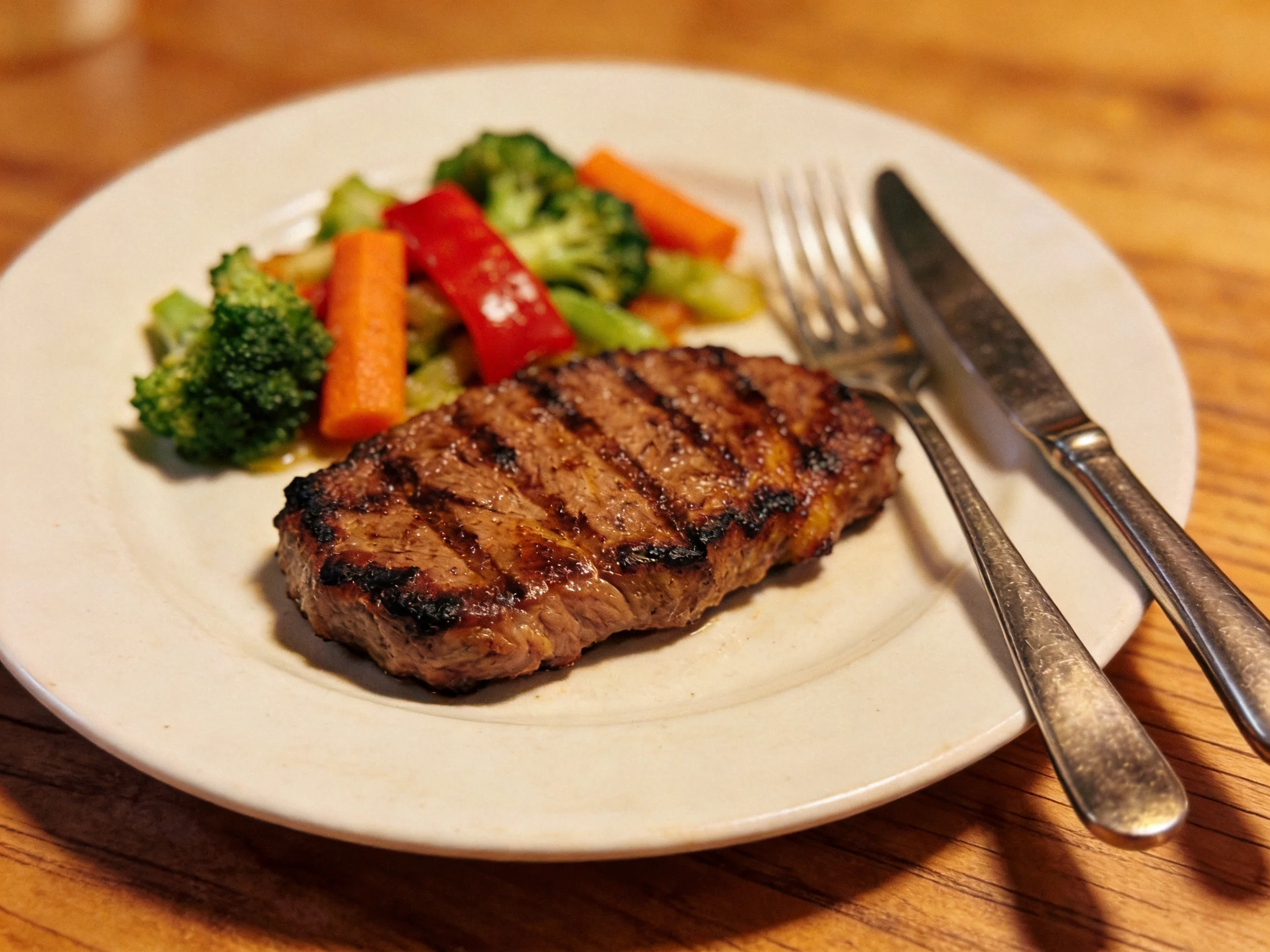 Grilled Steak with Mixed Vegetables on White Plate