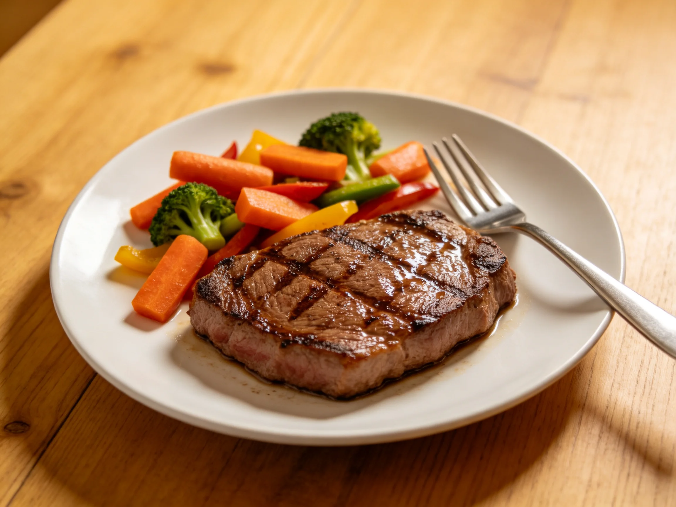 Grilled Steak with Mixed Vegetables on a White Plate
