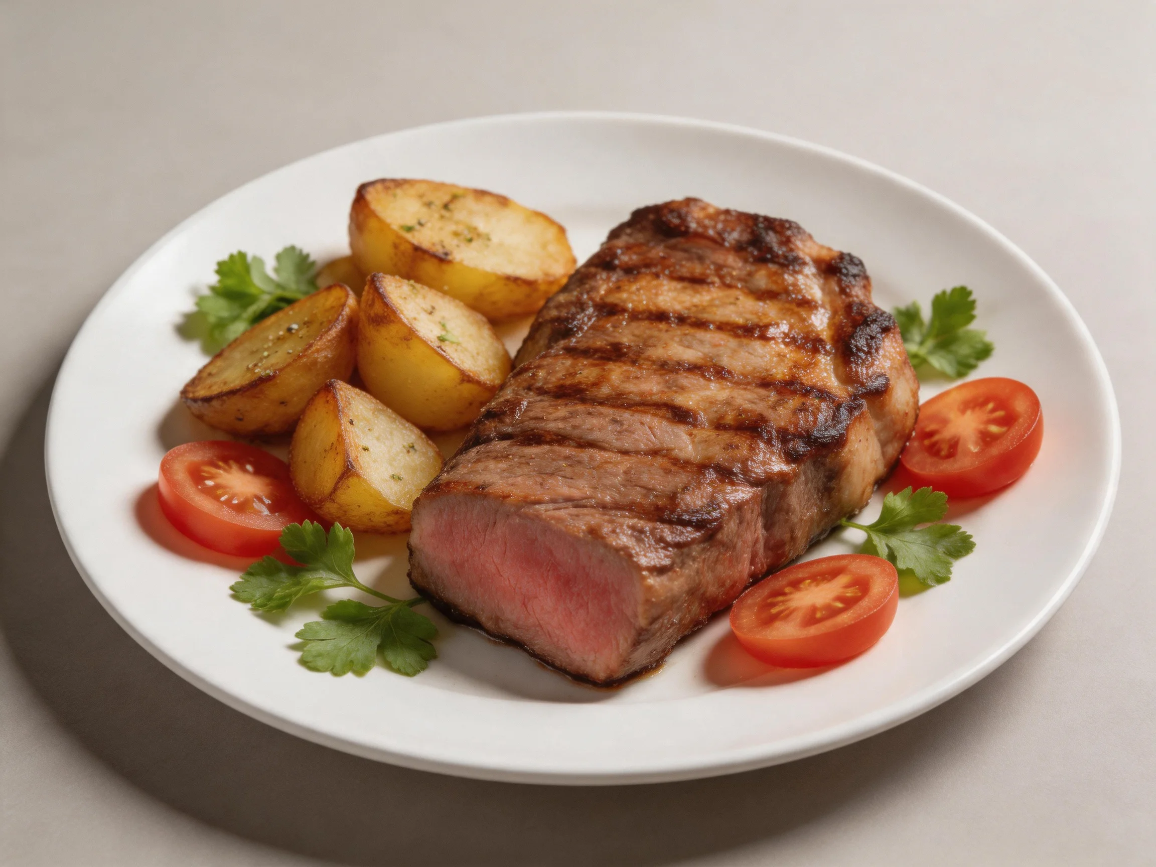 Grilled Steak with Roasted Potatoes and Fresh Tomatoes