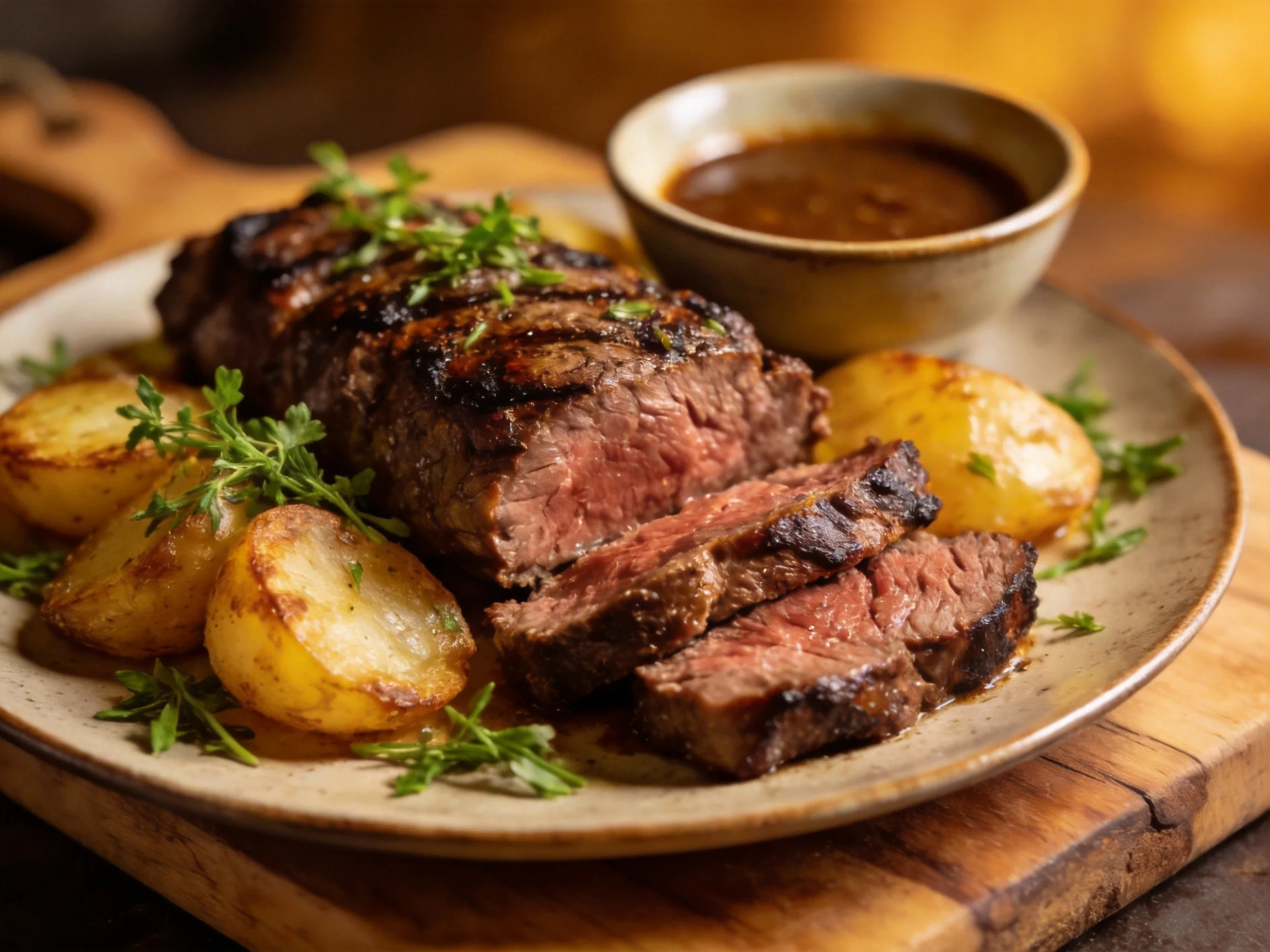 Grilled Steak with Roasted Potatoes and Herb-Garnished Sauce