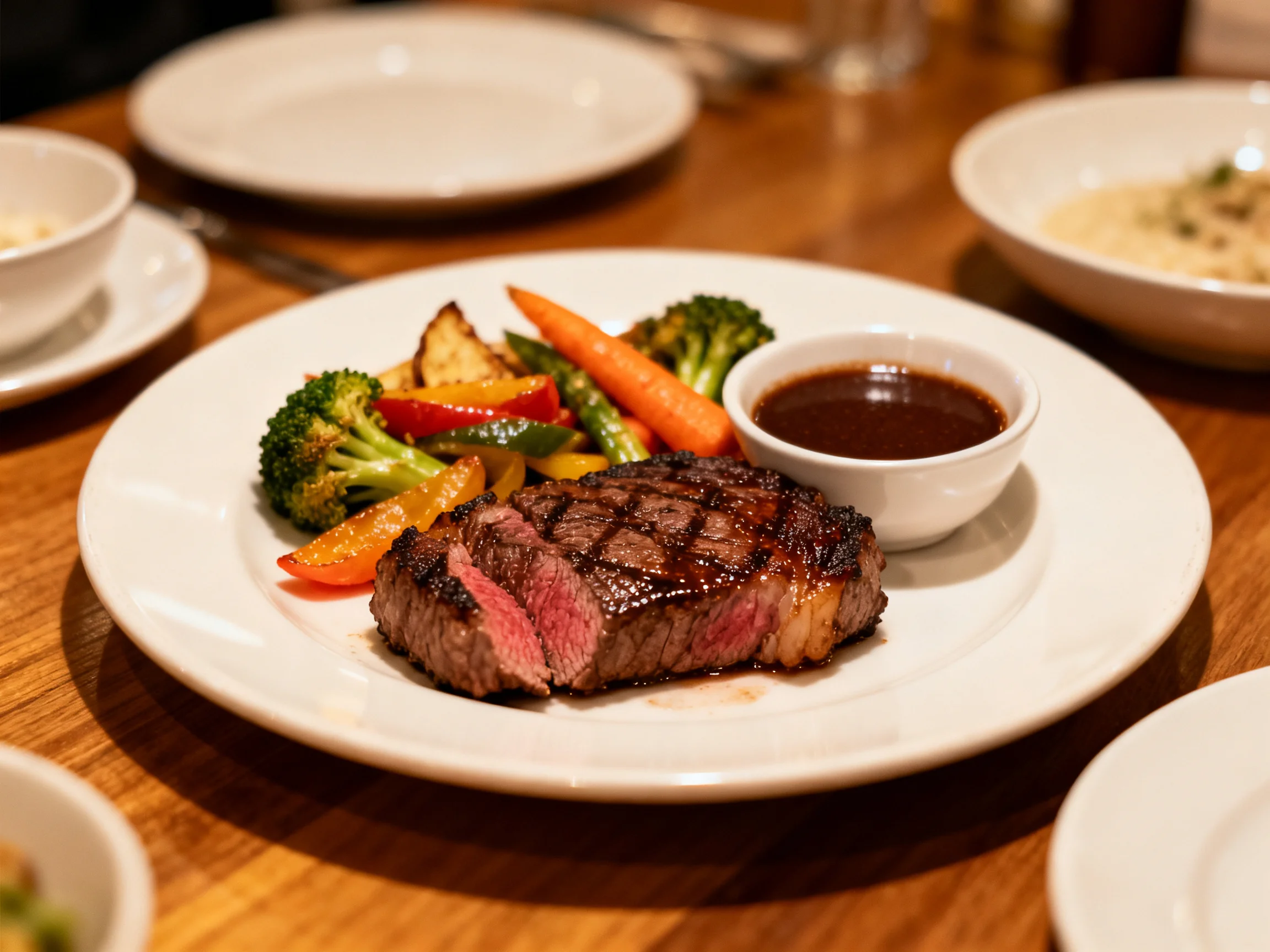 Grilled Steak with Roasted Vegetables and Dark Sauce on White Plate