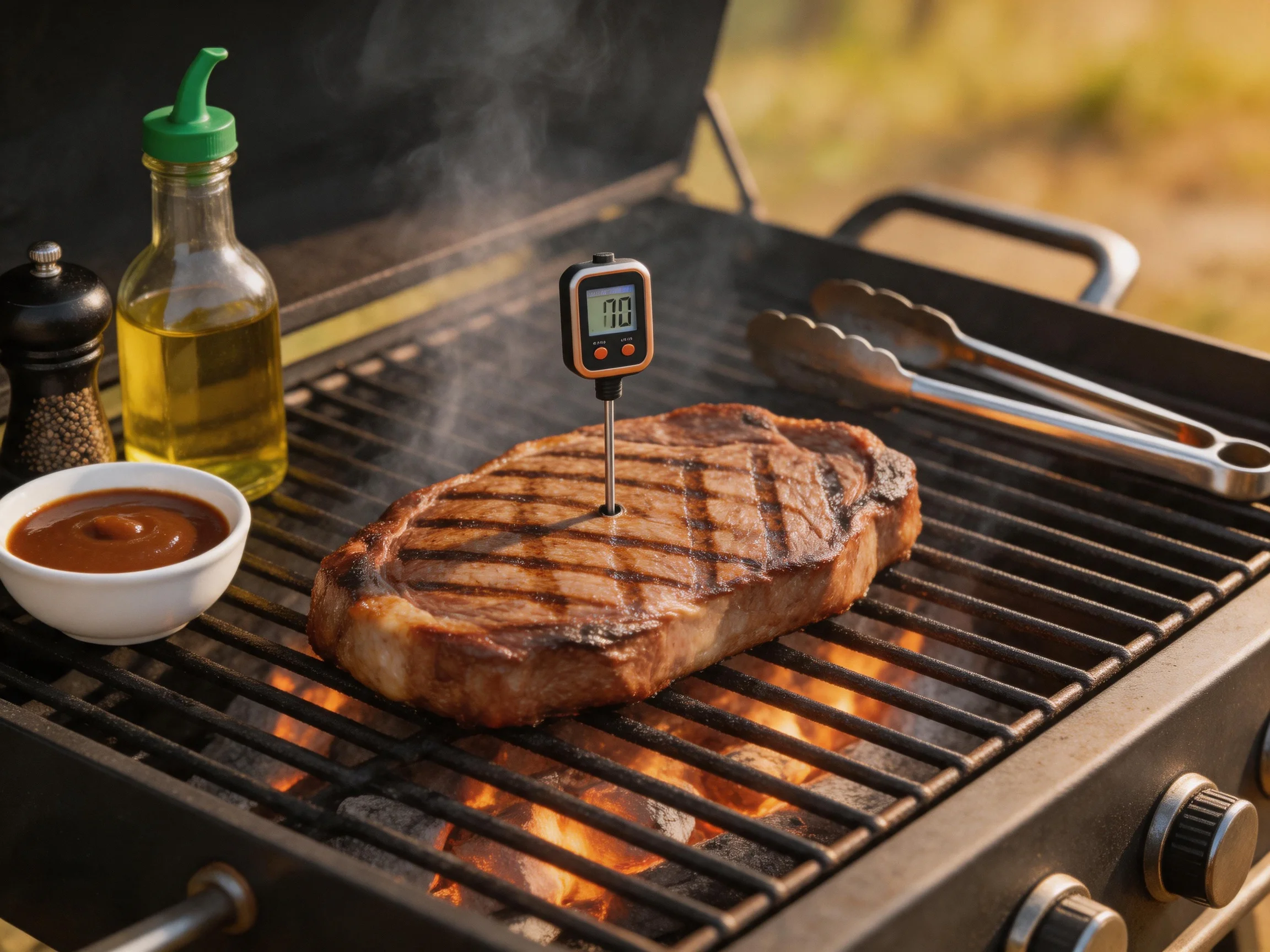 Grilled Steak with Thermometer, Oil Bottle, and Sauce Bowl on Open Barbecue