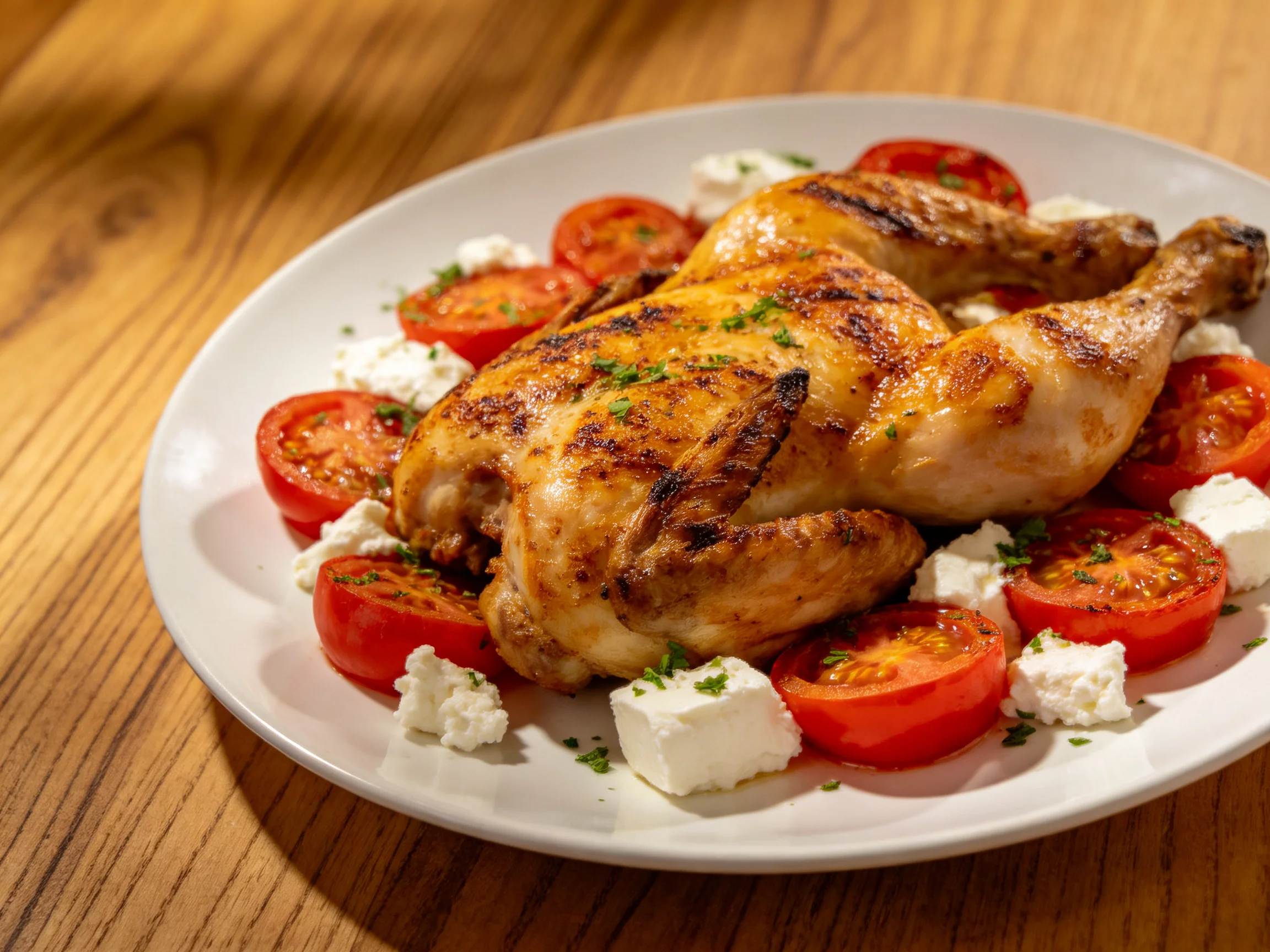 Grilled Whole Chicken with Cherry Tomatoes and Feta Cheese