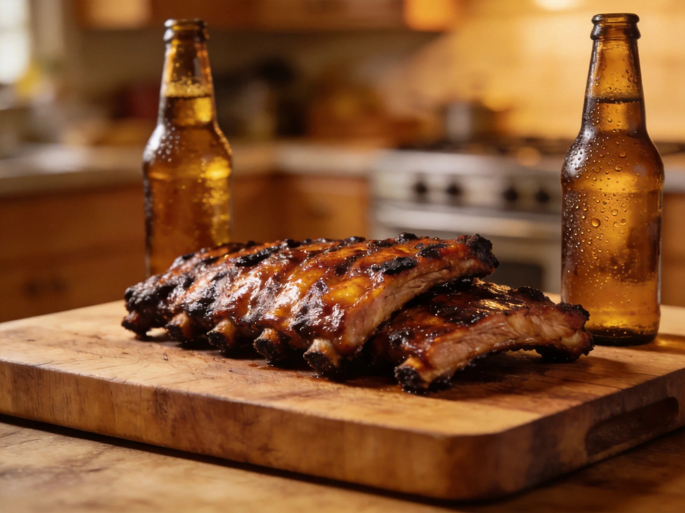 Grilled barbecue ribs with two beer bottles on a wooden cutting board