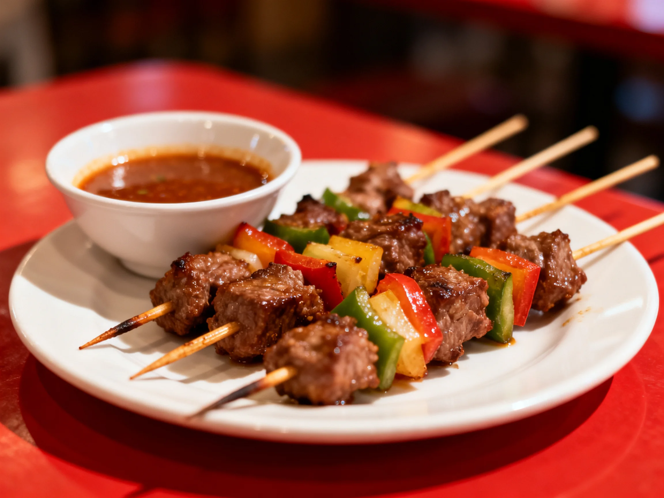 Grilled beef and colorful vegetable skewers served with dipping sauce