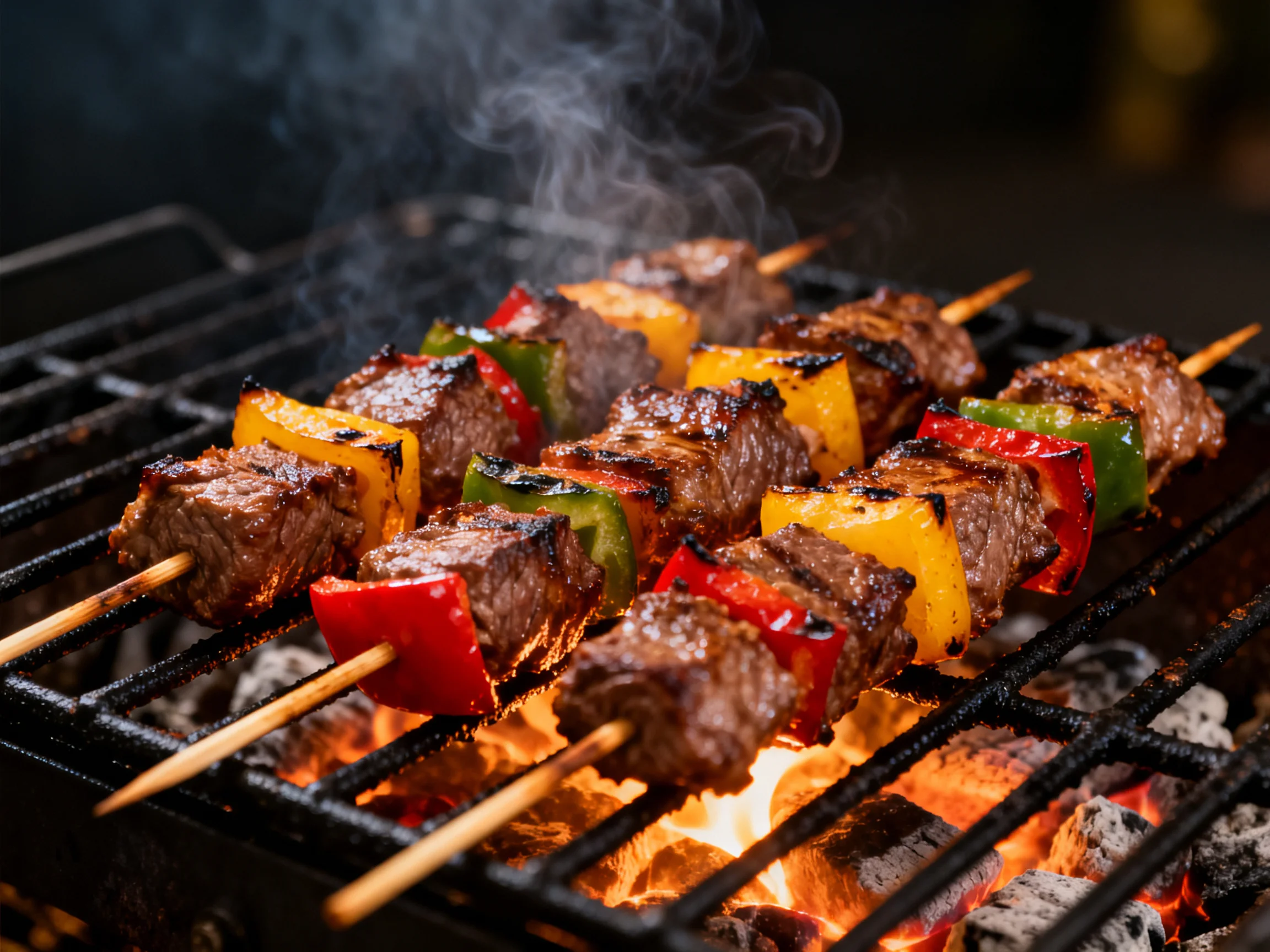 Grilled beef and pepper skewers sizzle over glowing embers