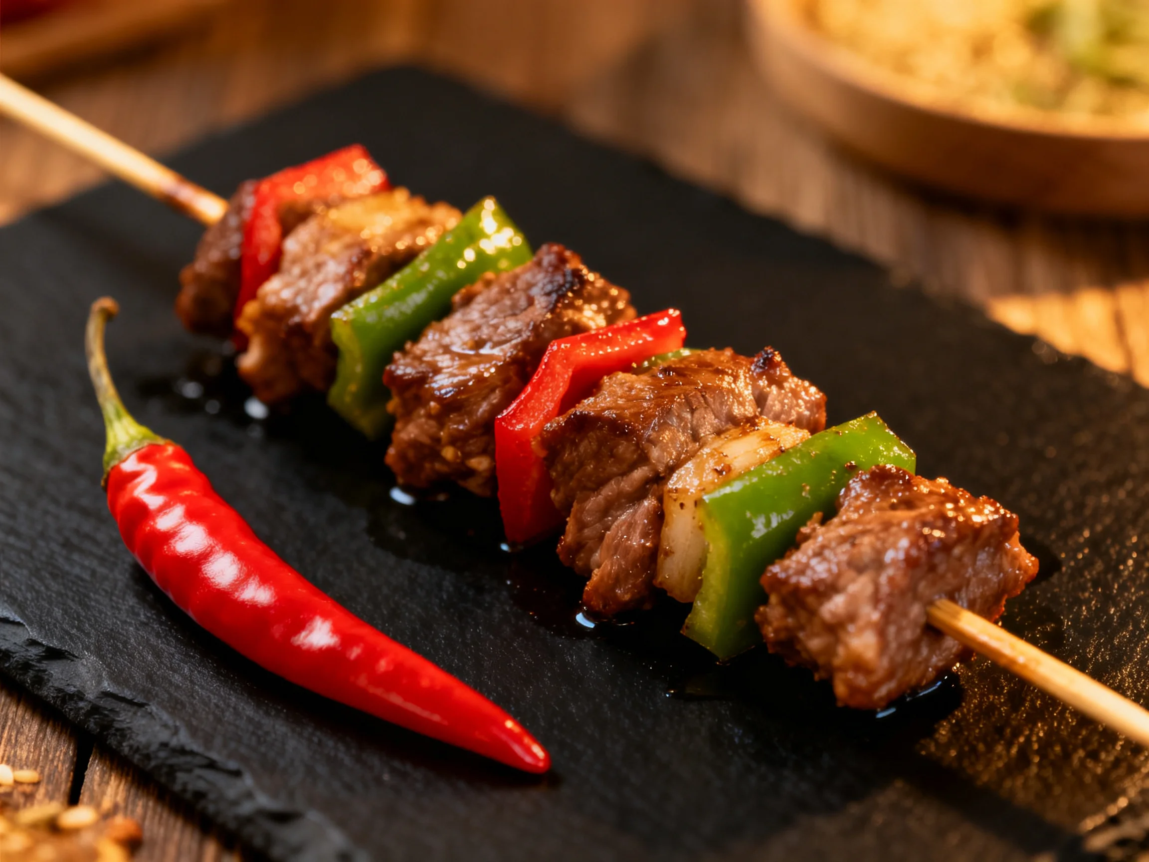 Grilled beef and pepper skewers with a red chili on slate