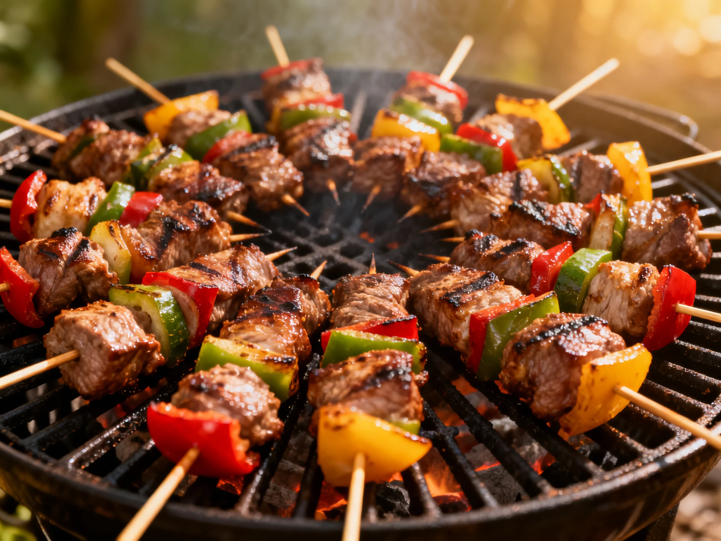 Grilled beef and vegetable skewers sizzle on a charcoal grill