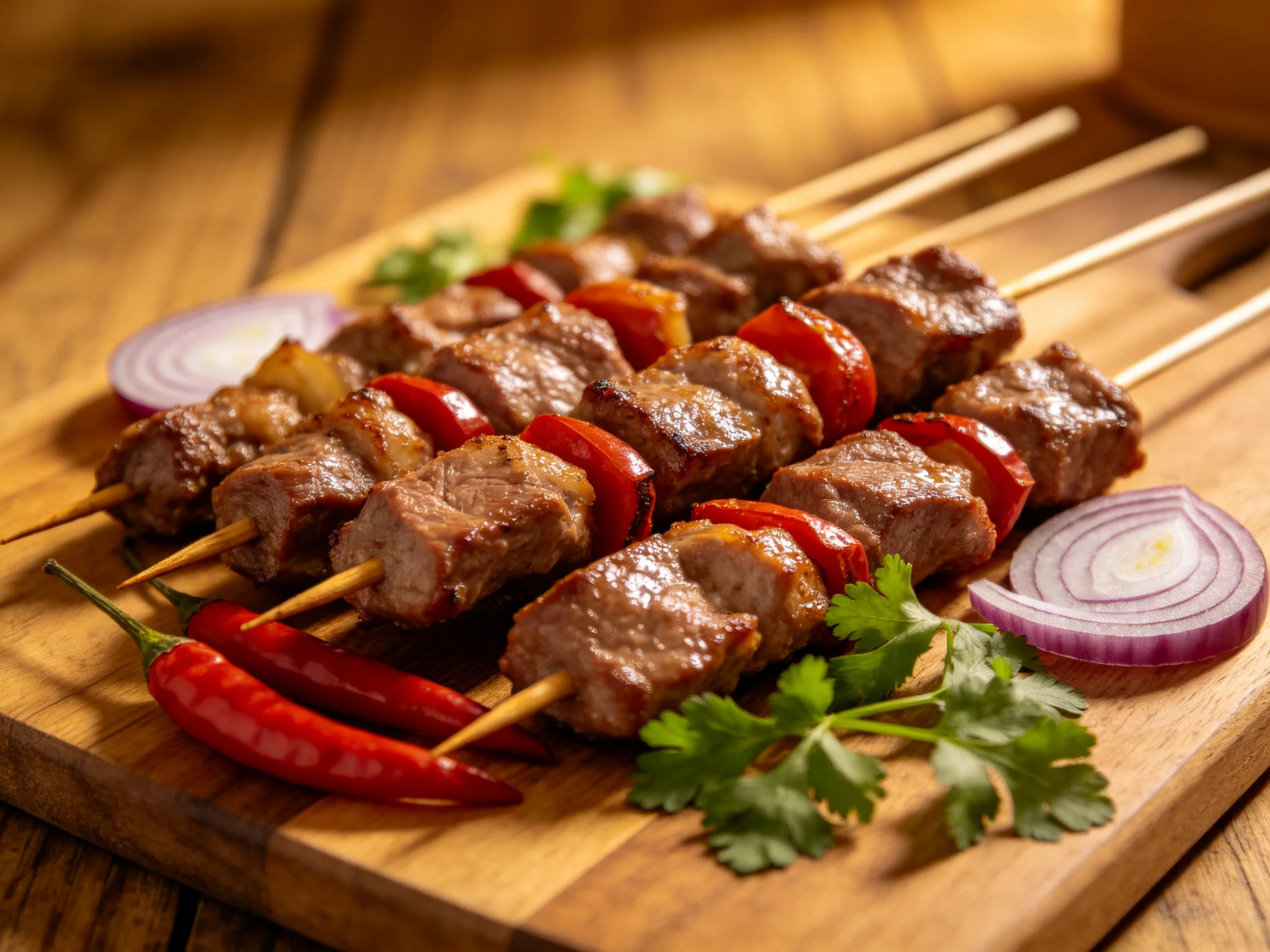 Grilled beef and vegetable skewers with red peppers, onions, and cilantro