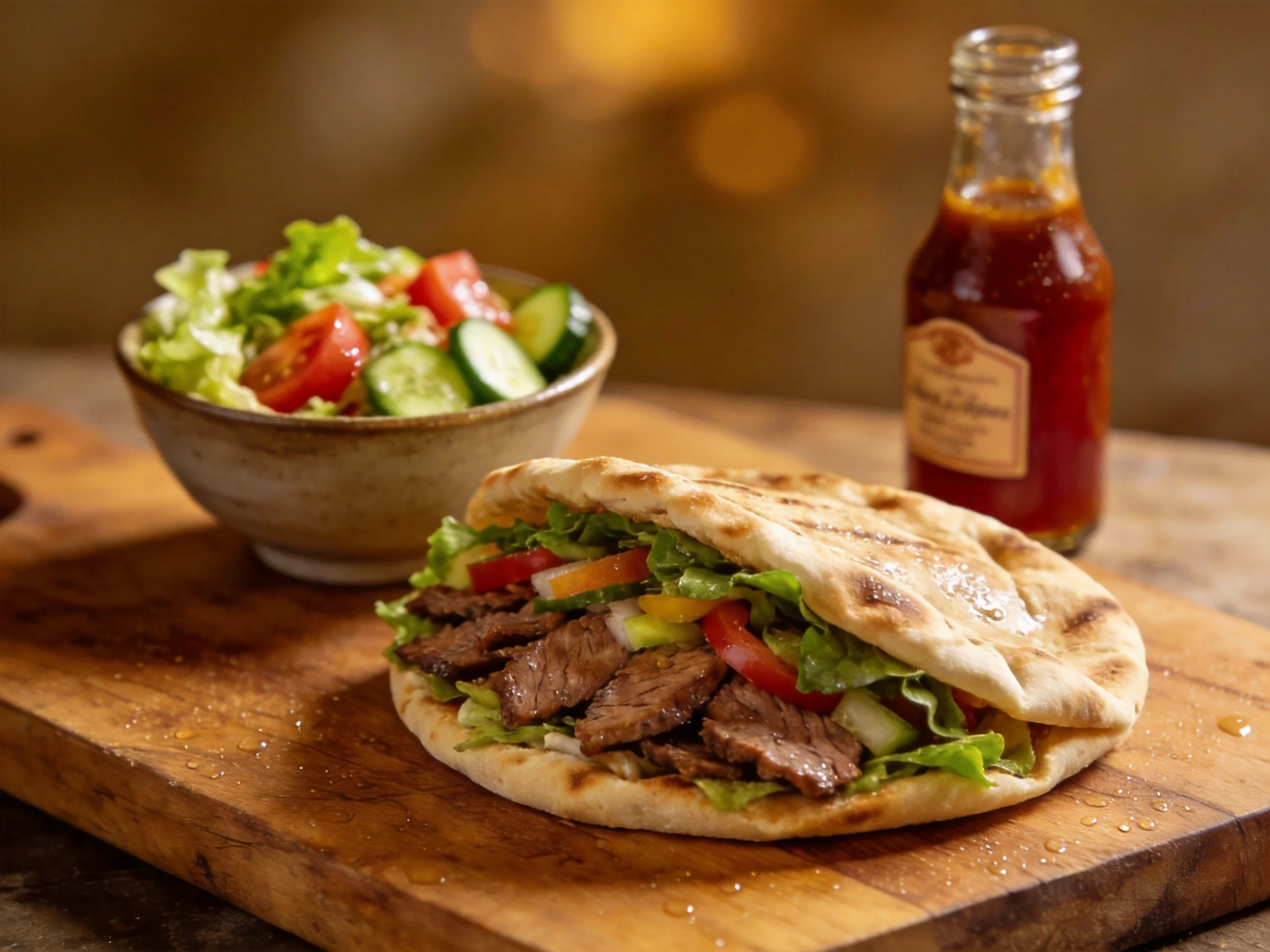 Grilled beef pita sandwich with fresh salad and tangy sauce