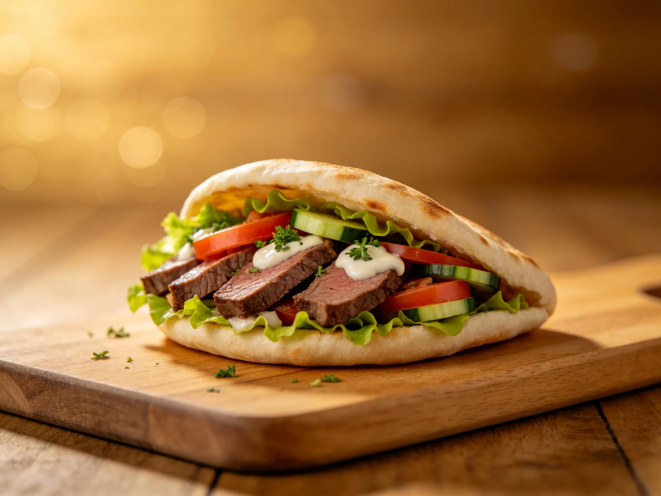 Grilled beef pita sandwich with fresh vegetables on wooden board