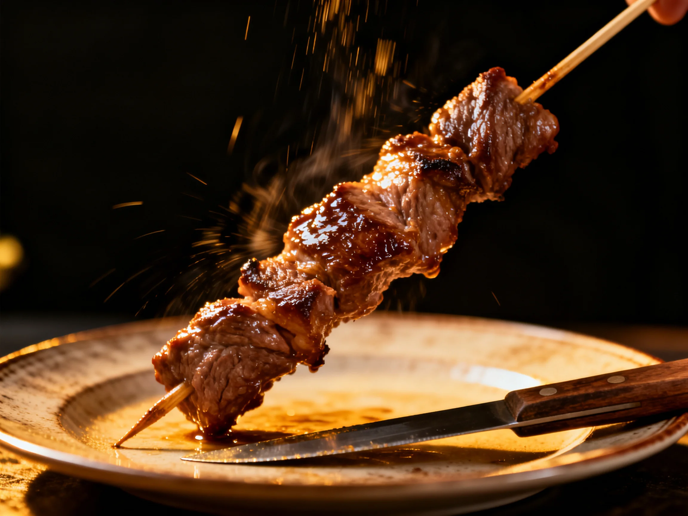 Grilled beef skewer with seasoning and knife on a ceramic plate
