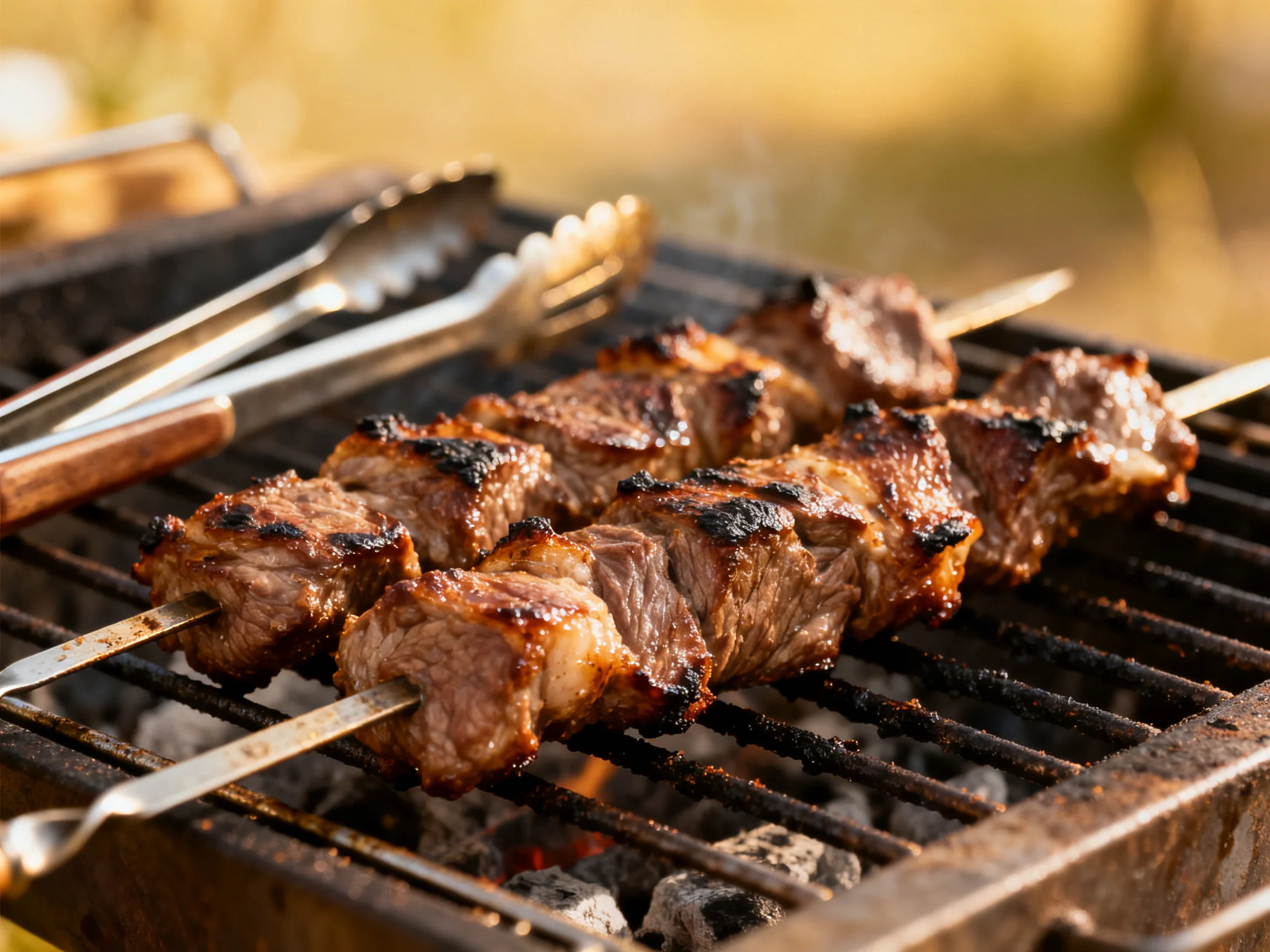 Grilled beef skewers cook over charcoal in a rustic outdoor grill