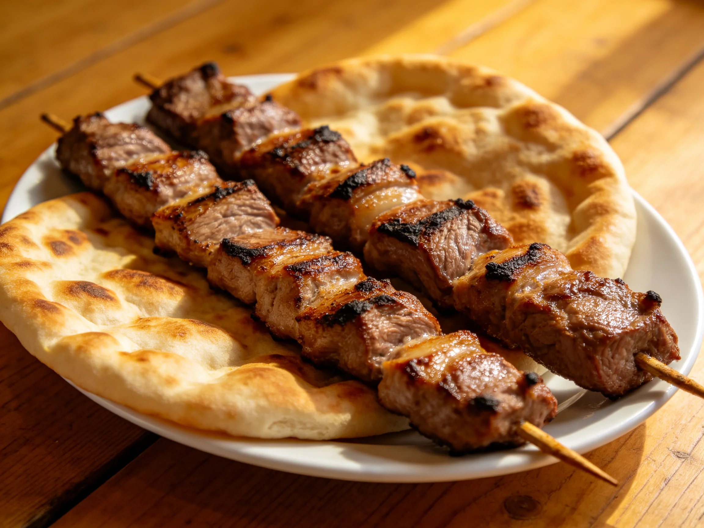 Grilled beef skewers served with toasted flatbread on a wooden table
