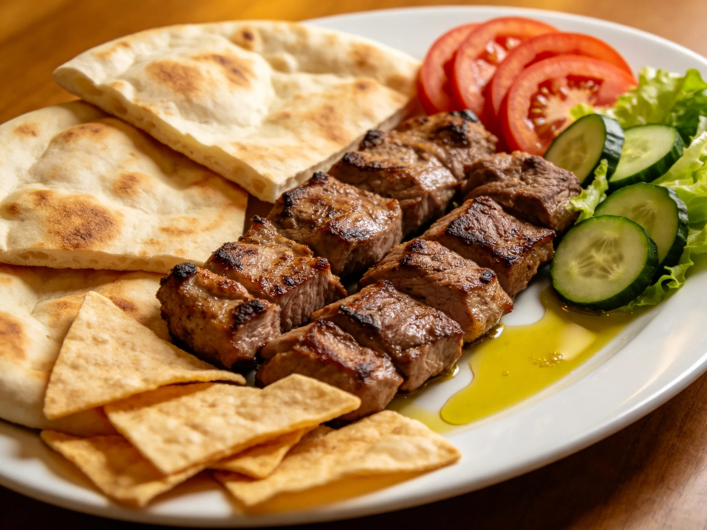 Grilled beef skewers with pita, veggies, and chips on a white plate