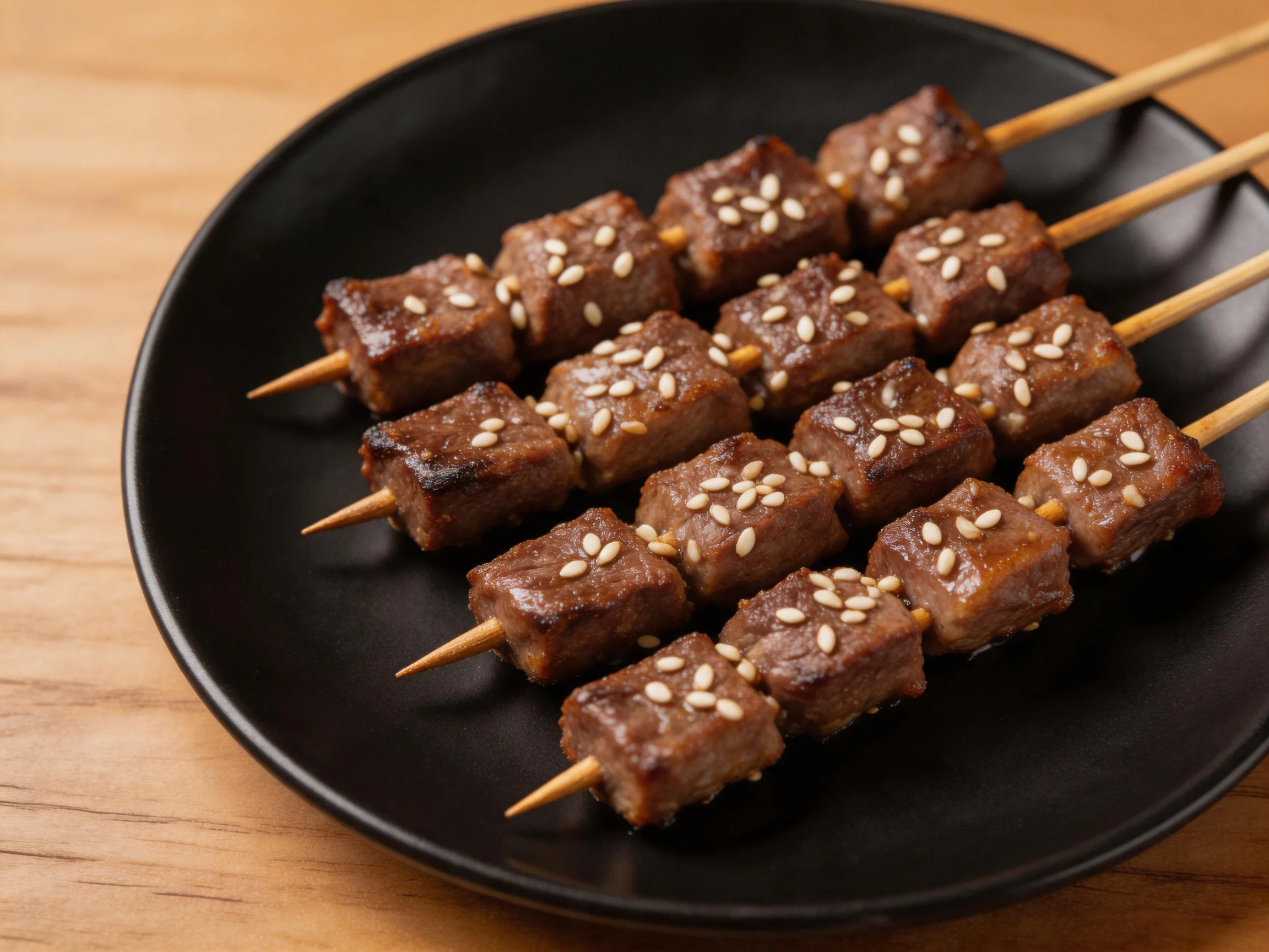 Grilled beef skewers with sesame seeds on a black plate