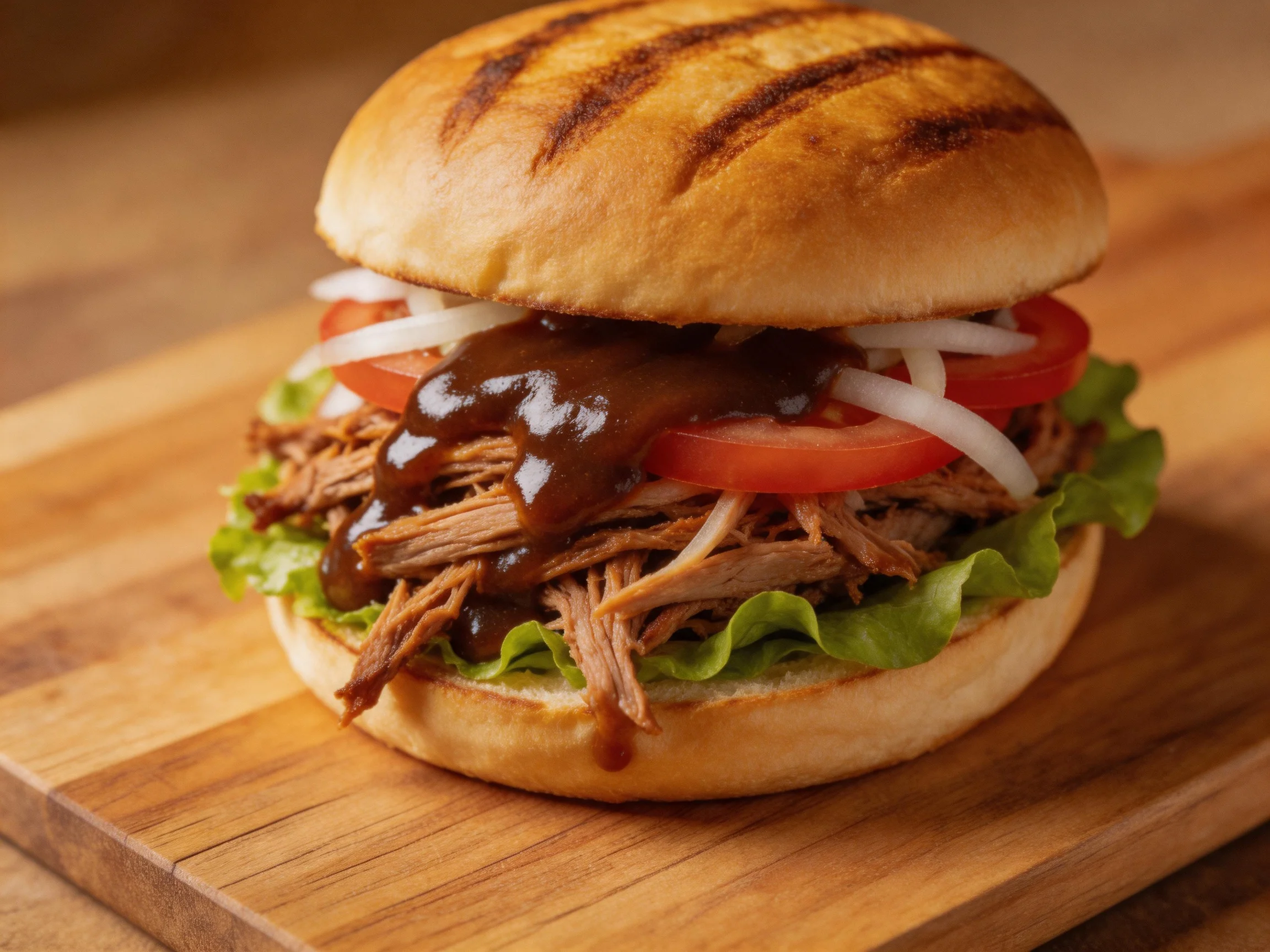 Grilled bun pulled pork sandwich with tomatoes, onions, and sauce