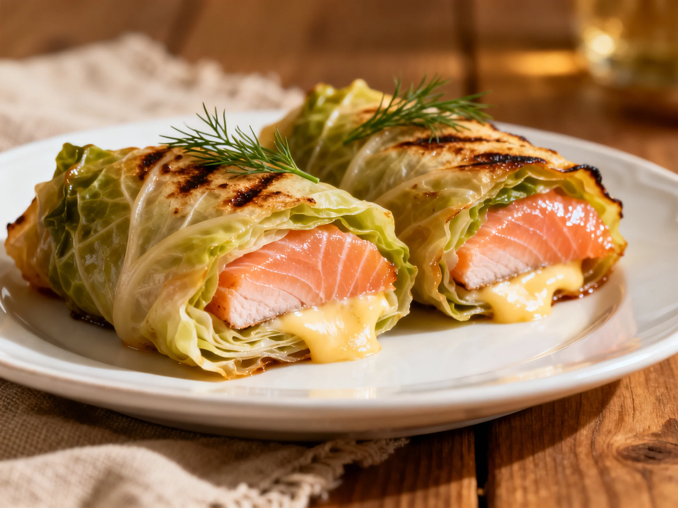 Grilled cabbage wraps filled with salmon and cheese