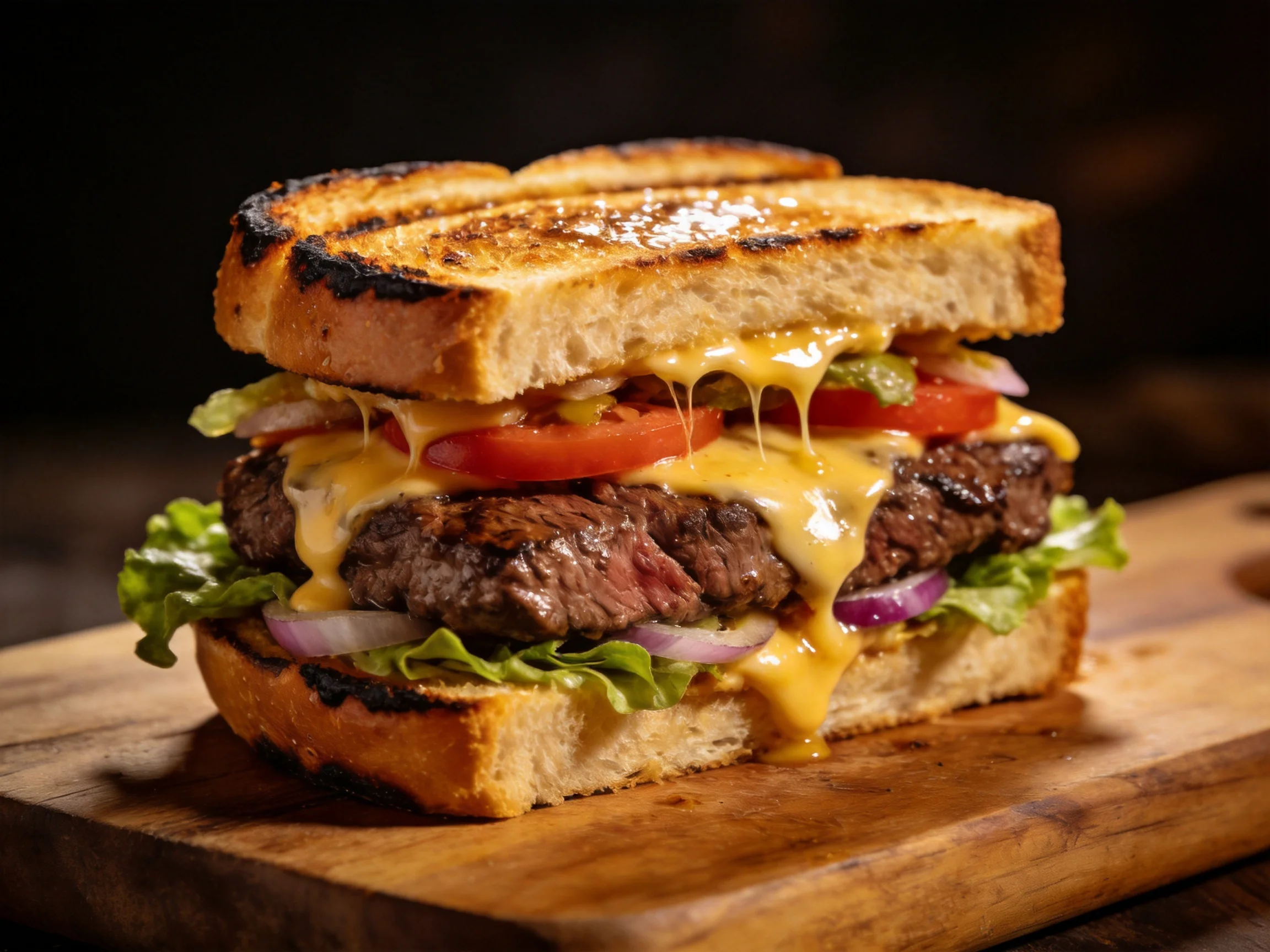 Grilled cheese-topped steak sandwich with fresh veggies