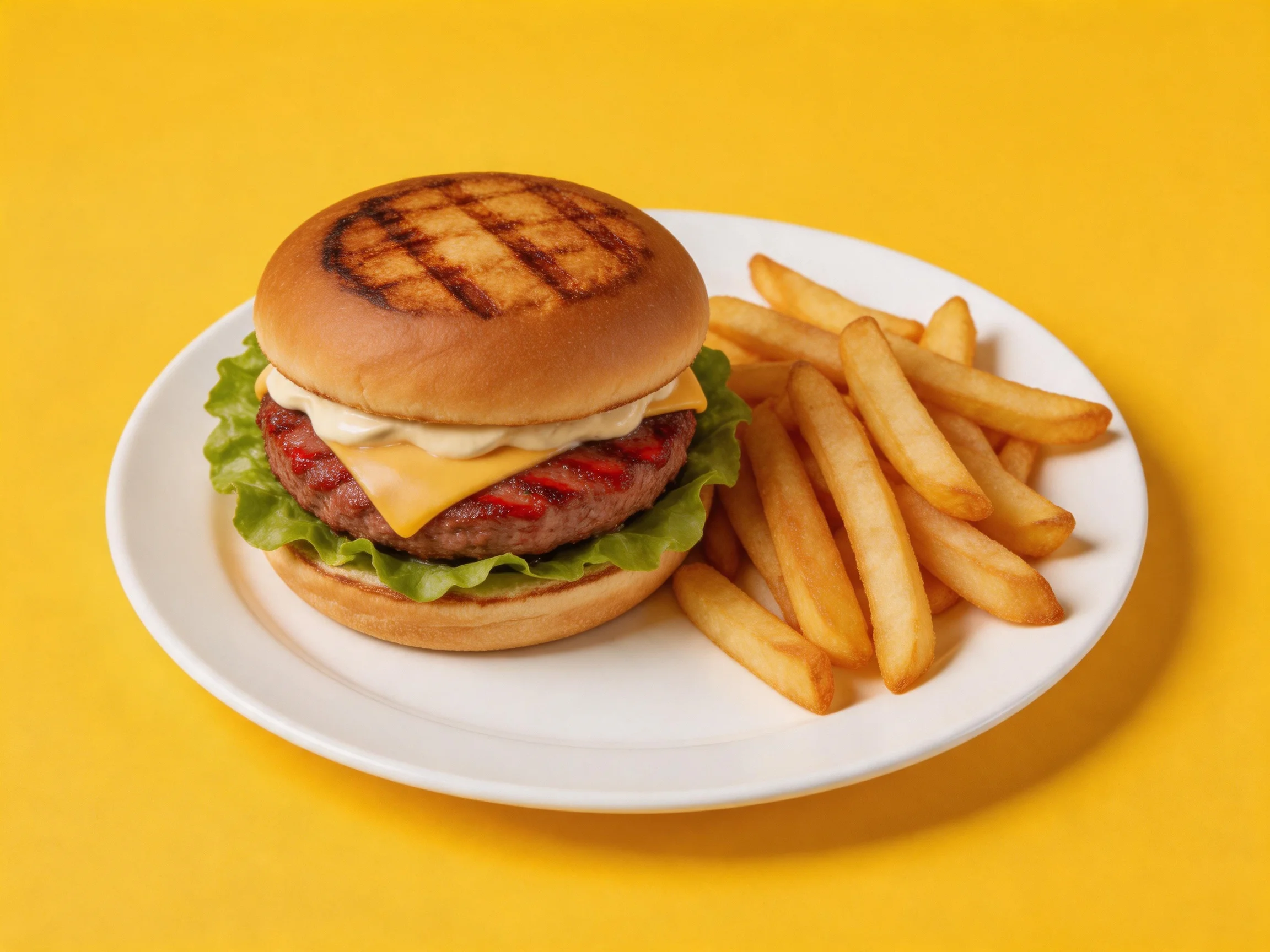Grilled cheeseburger with lettuce and crispy French fries on a white plate over a yellow backdrop.