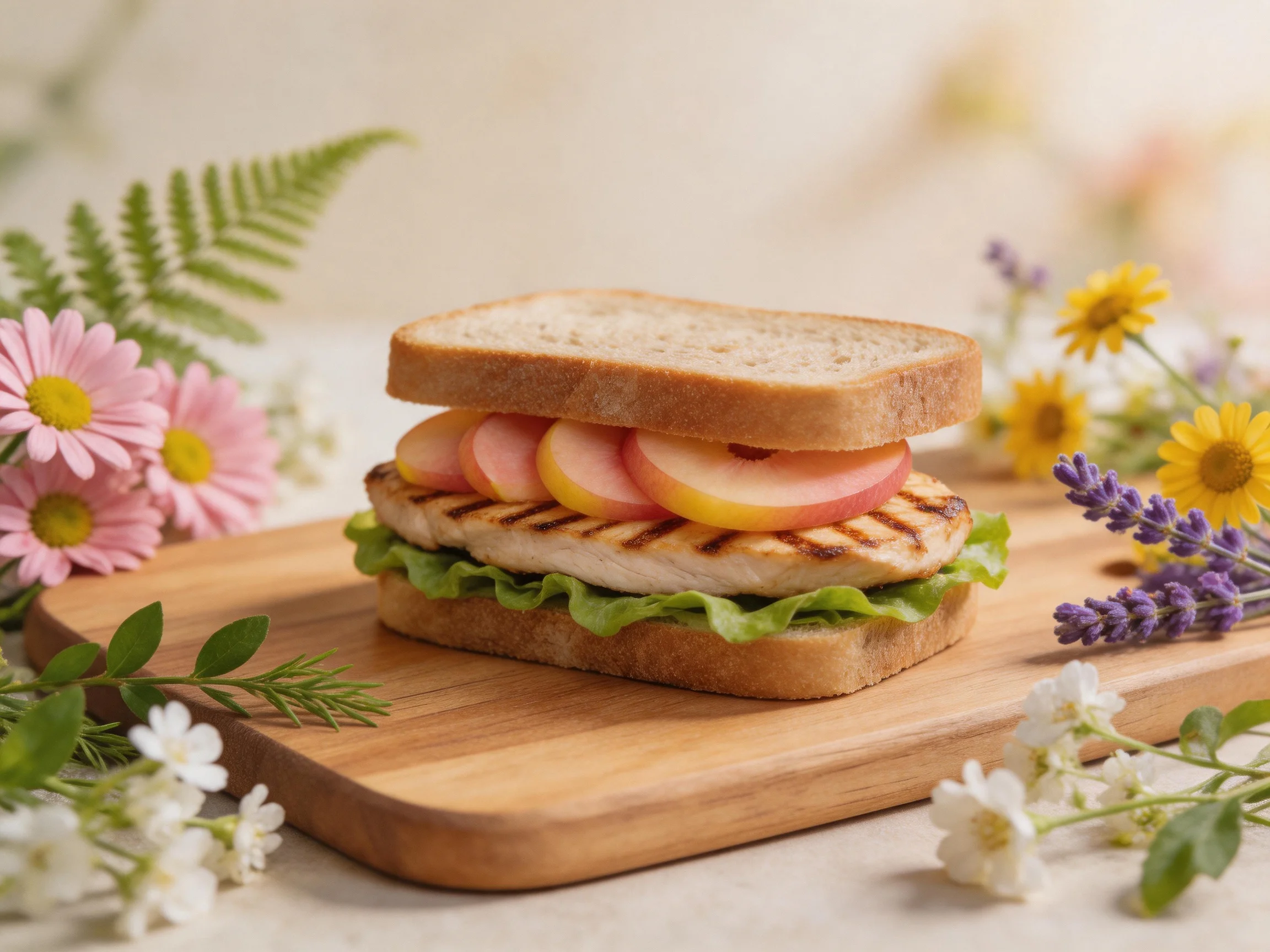 Grilled chicken and apple sandwich on a wooden board with colorful flowers