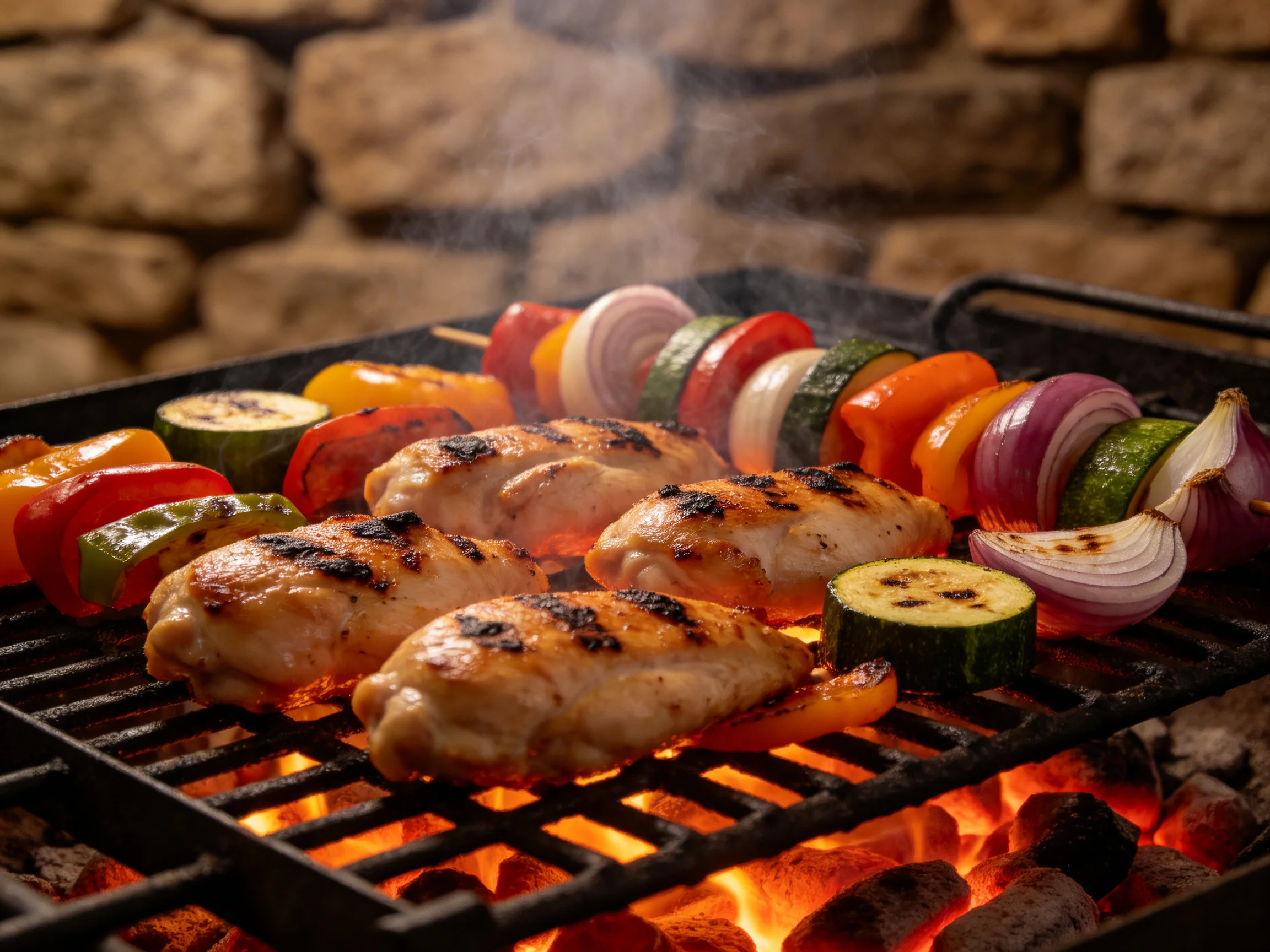 Grilled chicken and colorful vegetable skewers cook over flaming coals